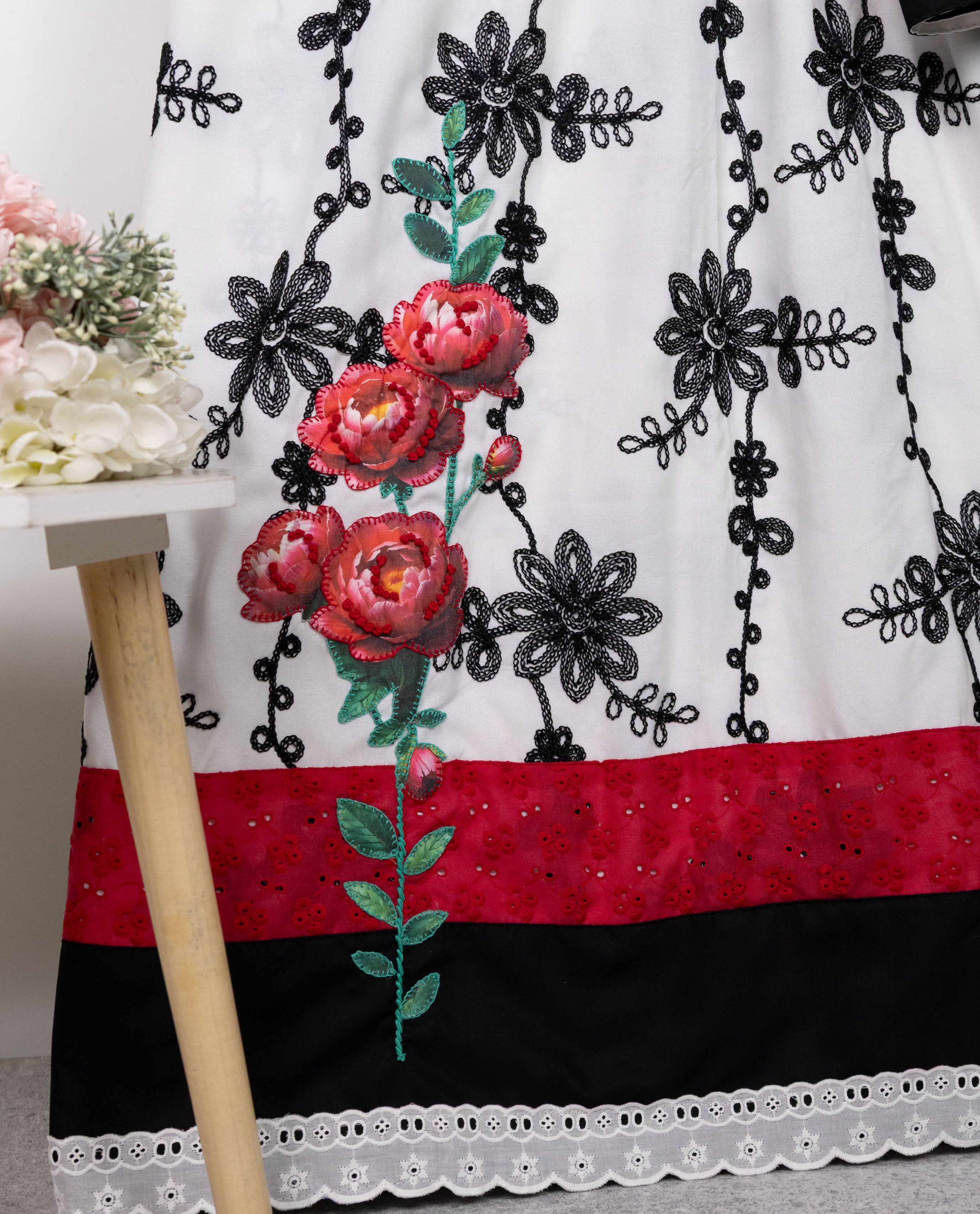 White Base Black Embroidery Rida With Smart Dark Panel & Rose Applique