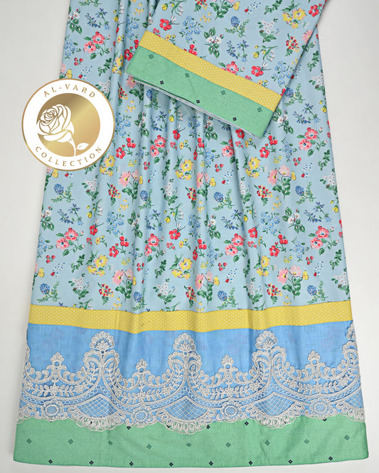 Sky Blue Floral Printed Rida With Smart Panel & Heavy Look Lace