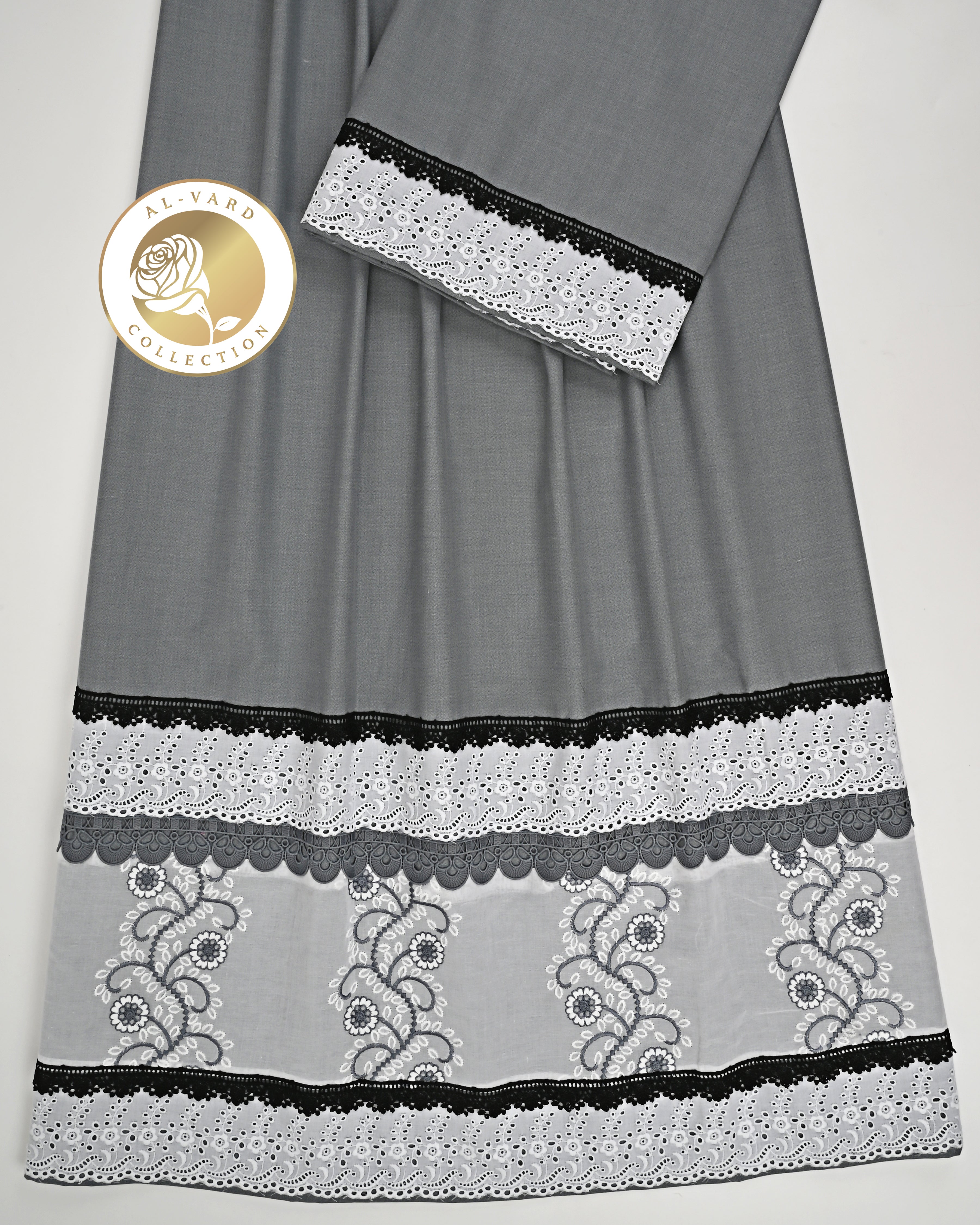Charcoal Grey Rida With Smart White Floral Design Lace