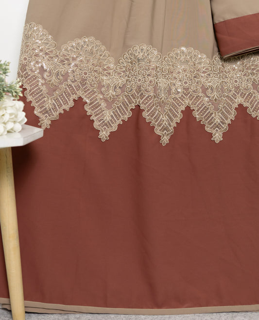 Classic Clay Brown Abaya Rida With Rust Abaya Panel & Smart Imp Lace