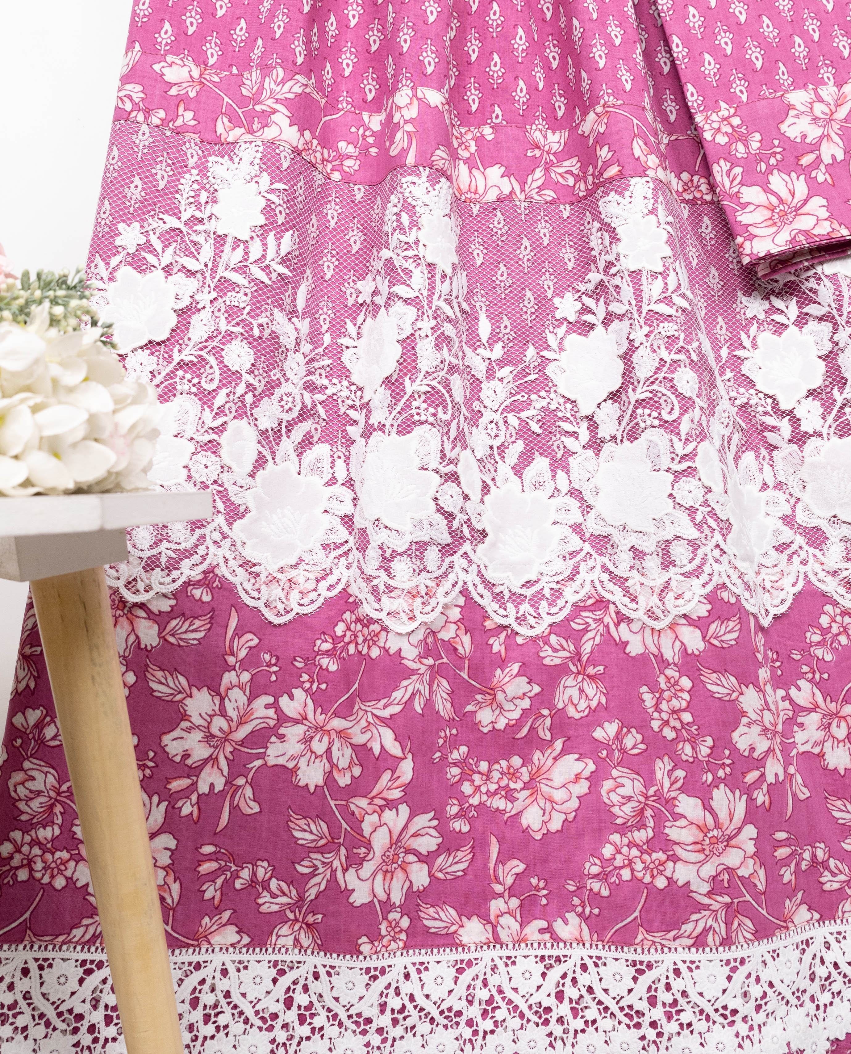 Magenta Pink Batik Rida With Beautiful Floral Panel & Smart Floral White Lace-1950/-