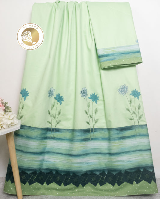 Light Green Rida With Smart Shaded Panel Lace & Floral Embroidery Work