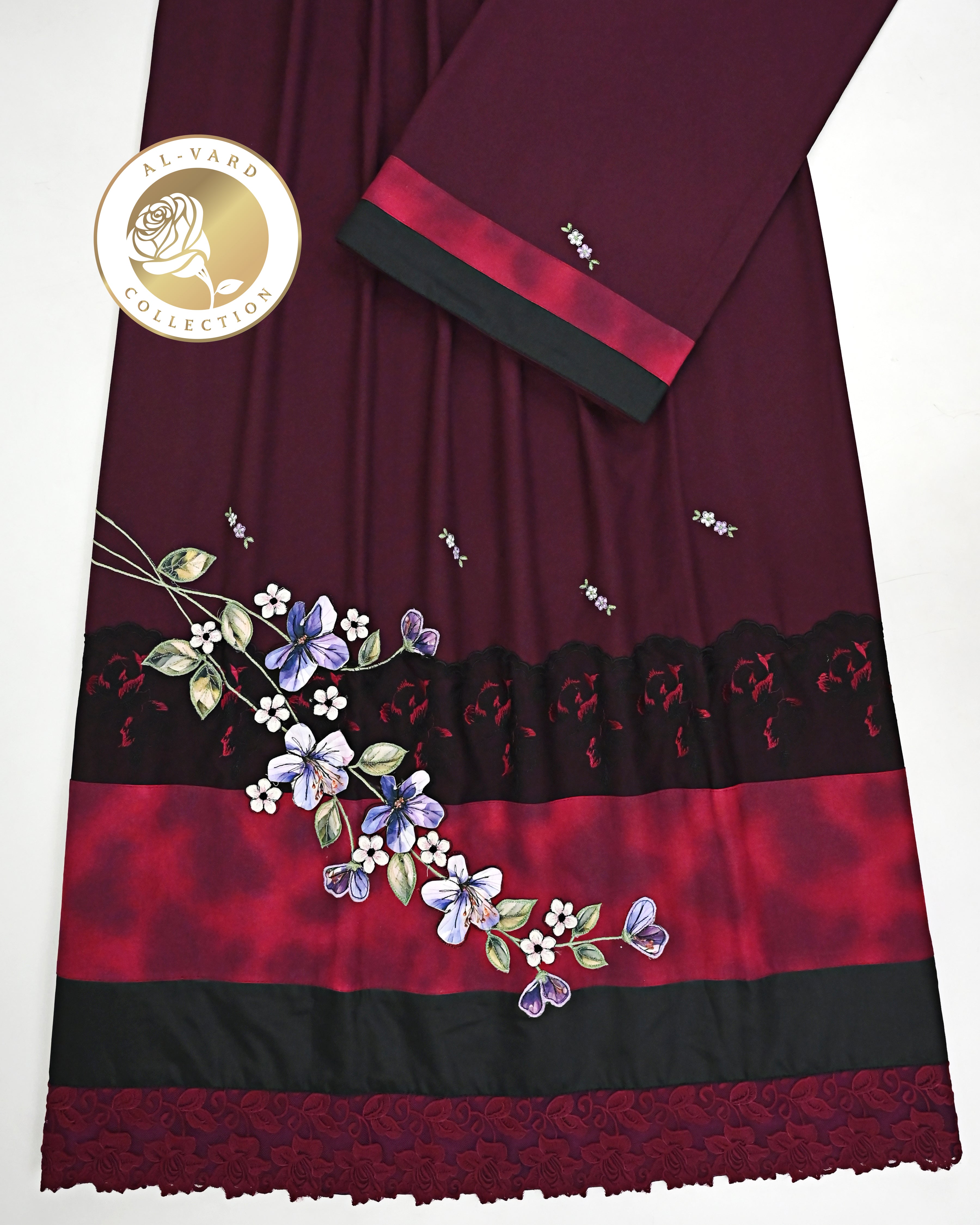 Burgundy Rida With Smart Dark Lace Marble Print Panel & Smart Floral Work-3650/-