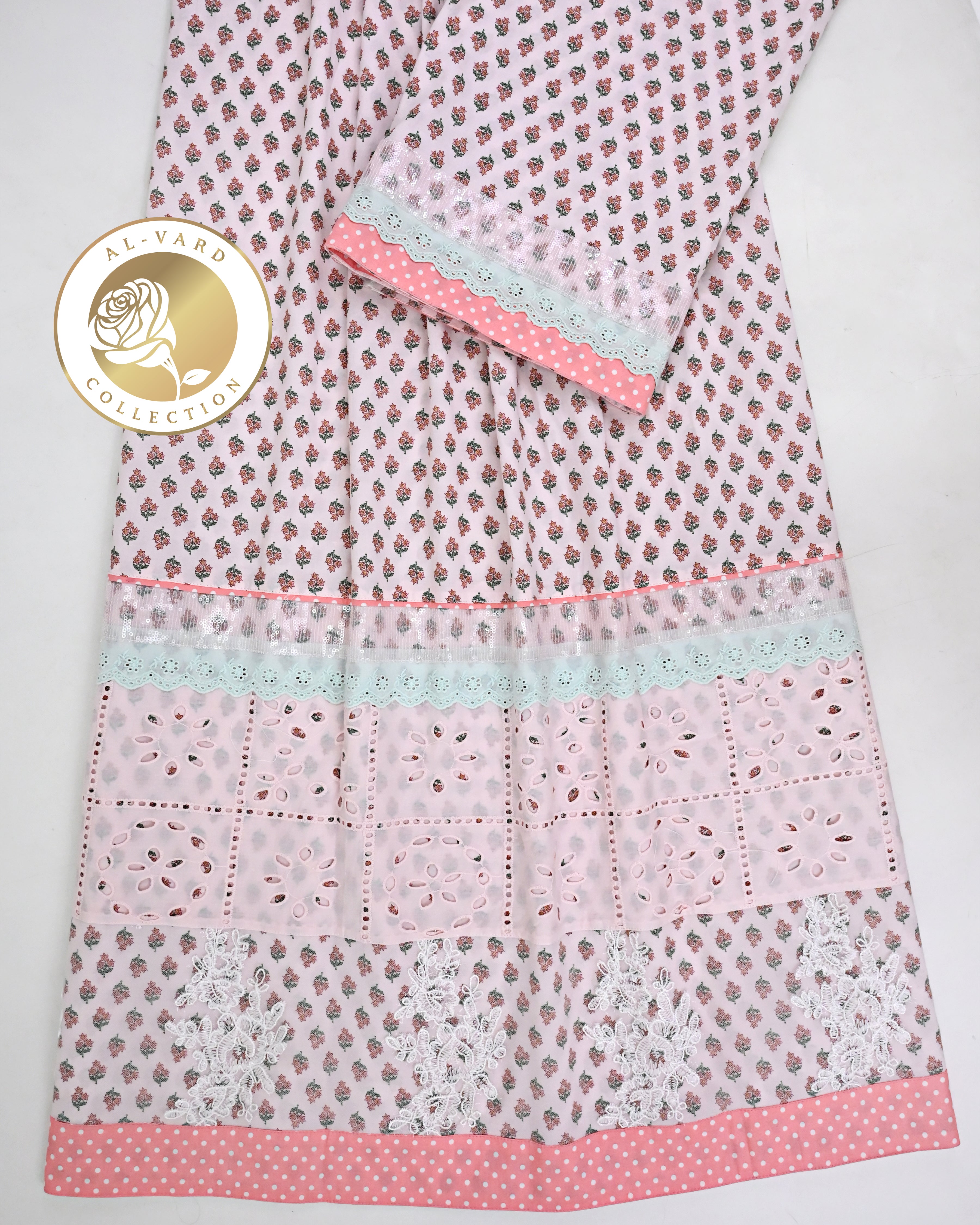 Pastel Pink Floral Print Rida With Smart Sequence Hakoba & Floral Lacing