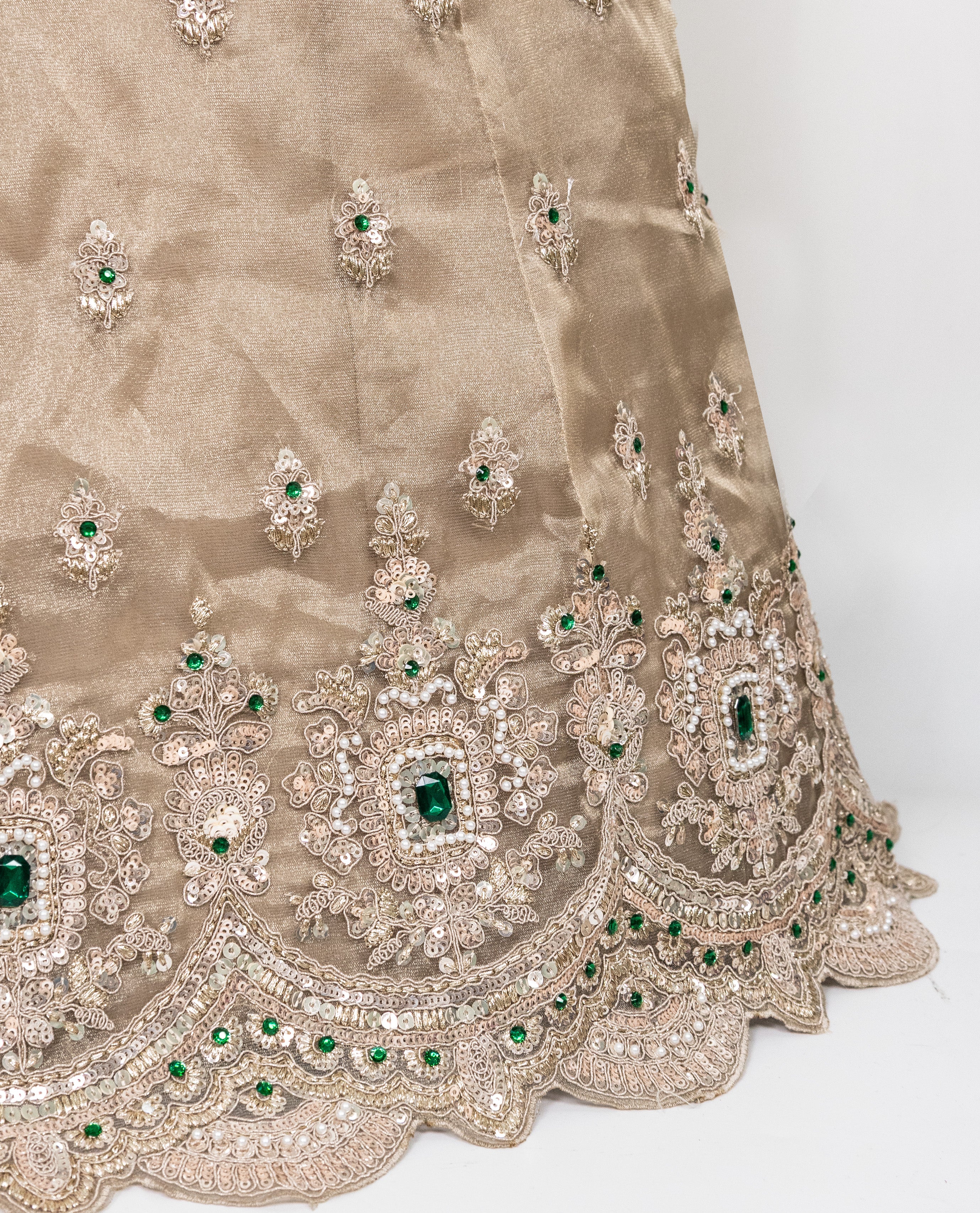 Tan Color Bridal Jodi With Heavy Aari Border,Emerald Stone & With Border Dupatta