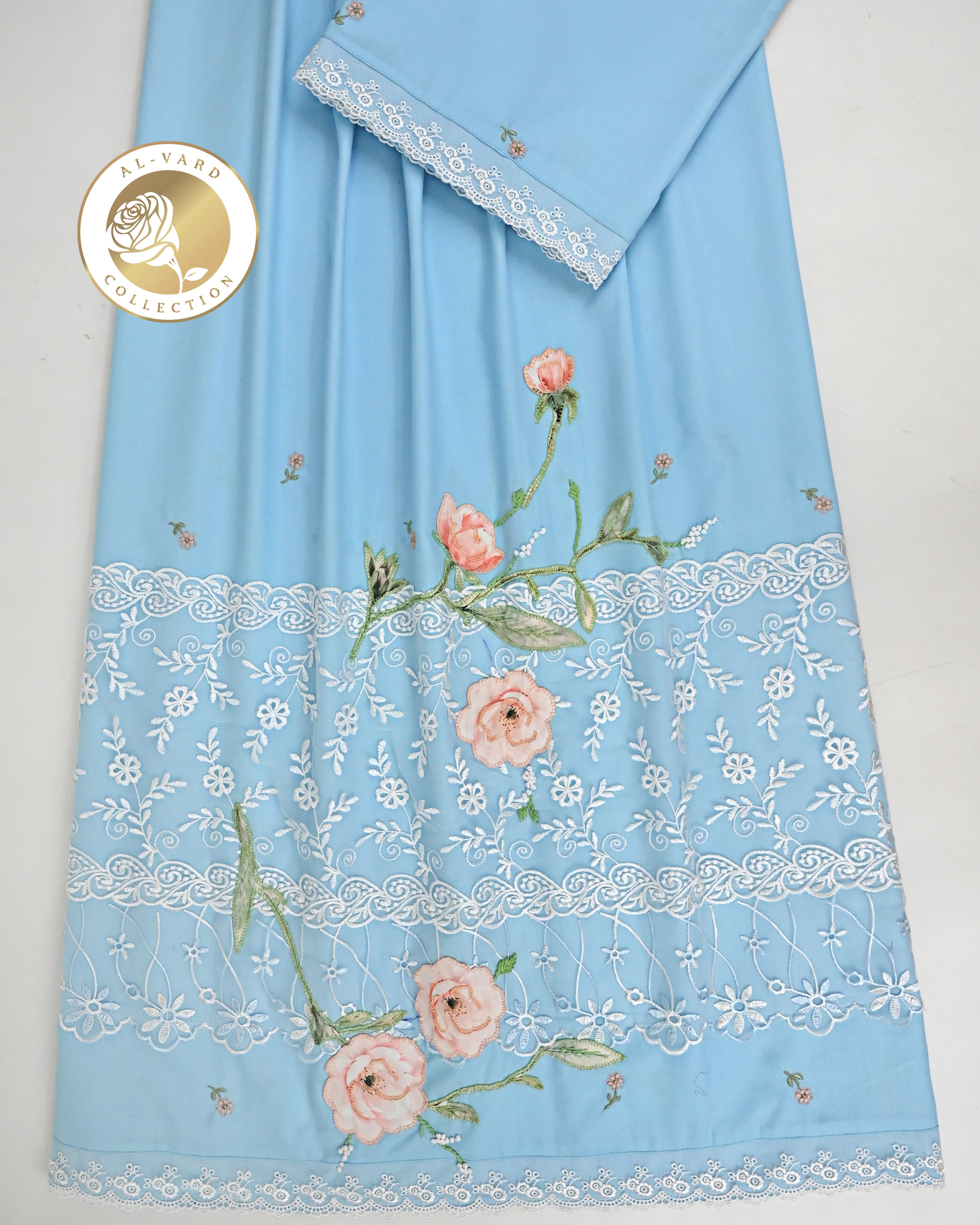 Powder Blue Rida With Smart Floral Lacing & Floral Applique Embroidery Work