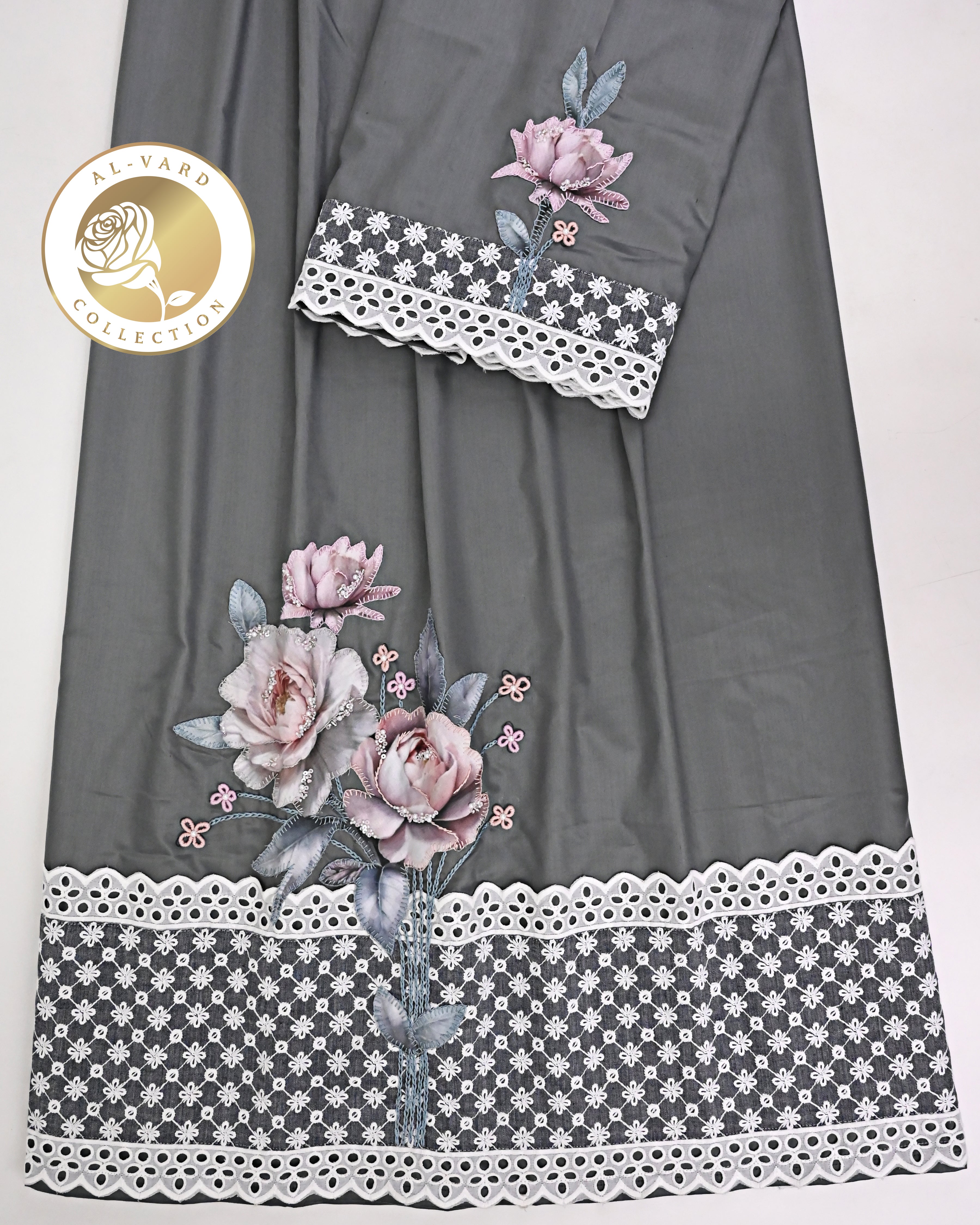 Charcoal Grey Rida With Smart Floral Embroidery Panel Smart Lace & Smart Floral Bunch-2700/-