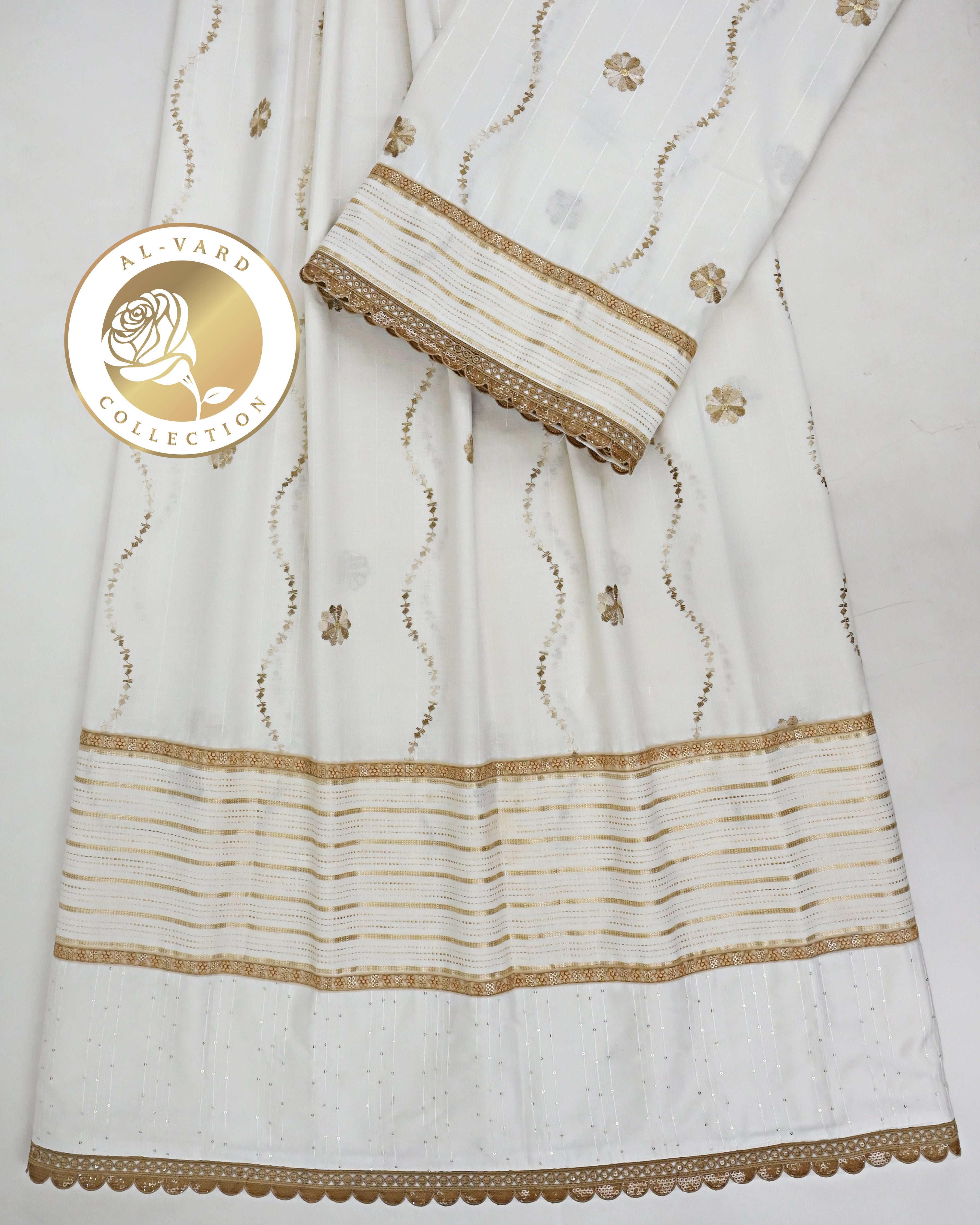 Off White Rida With Smart Floral & Smart Golden Stripes Panel & Golden Lace-2050/-