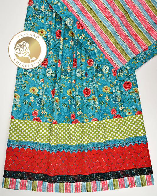 Dark Blue Base Floral Printed Jodi With Smart Panel Lace & Multi Color Dupatta