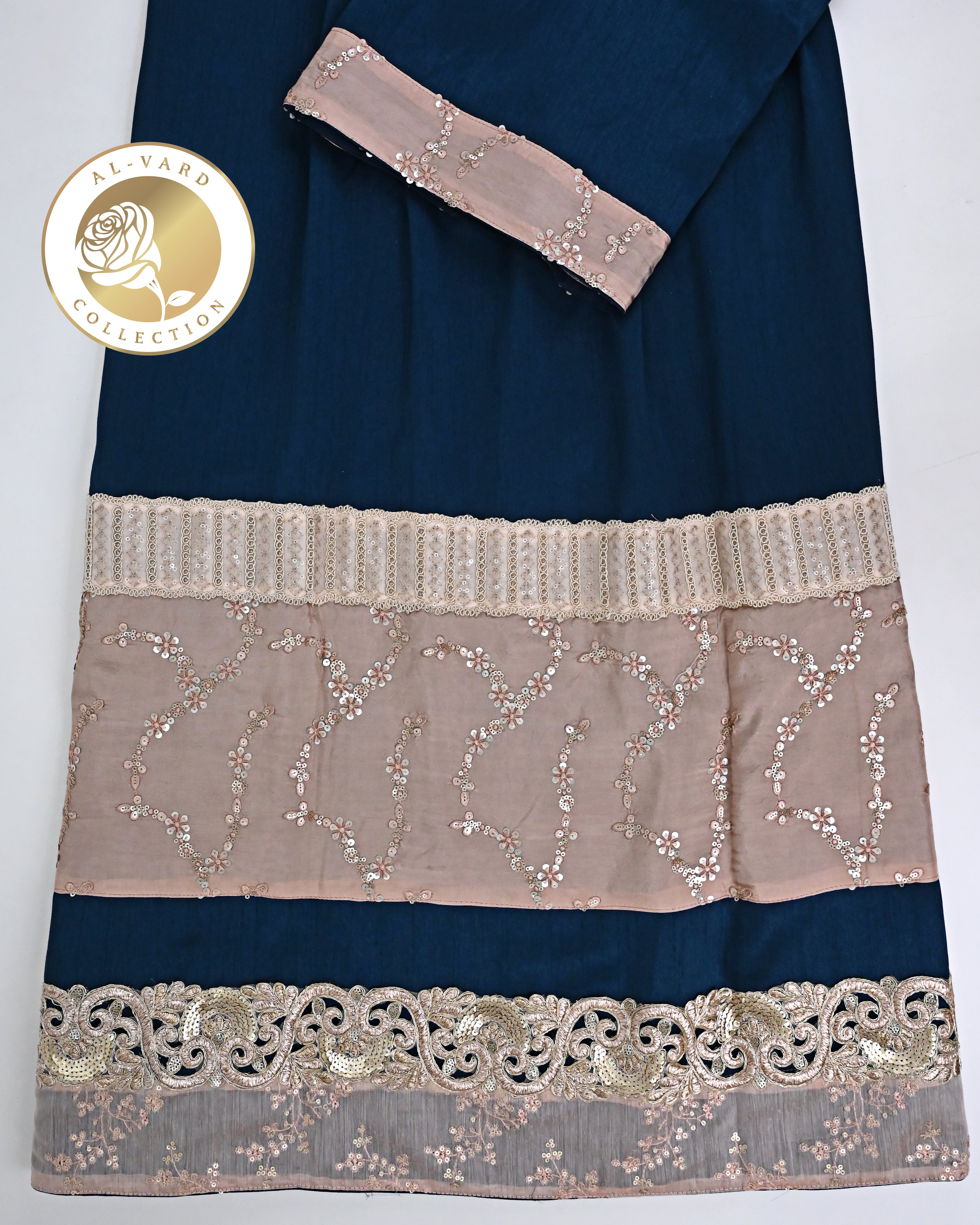 Prussian Blue Rida With Smart Golden Floral Lacing & Golden Floral Work Panel-2150/-