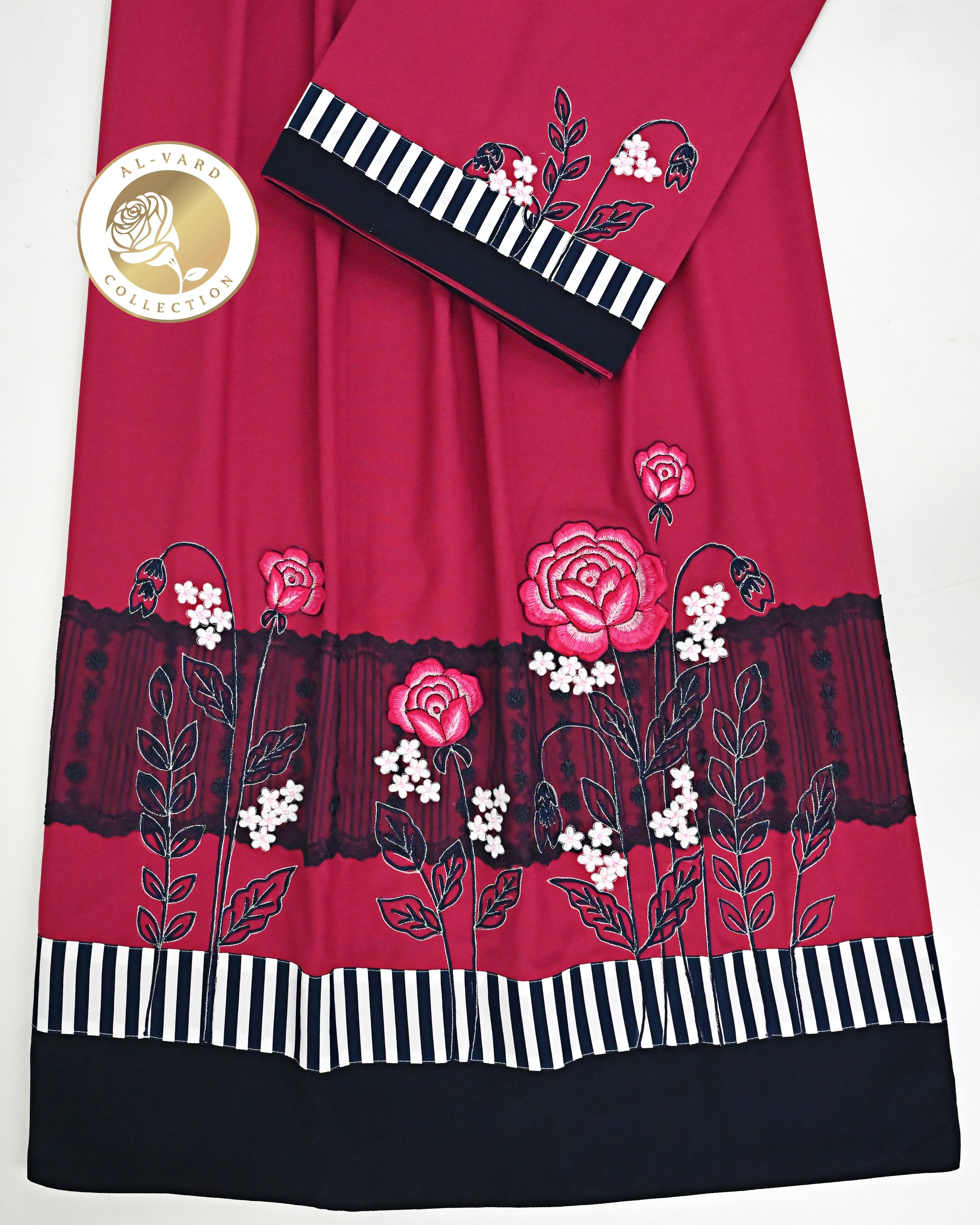 Magenta Pink Rida With Smart Floral Work Navy Blue Lace & Smart Stripes Plain Panel