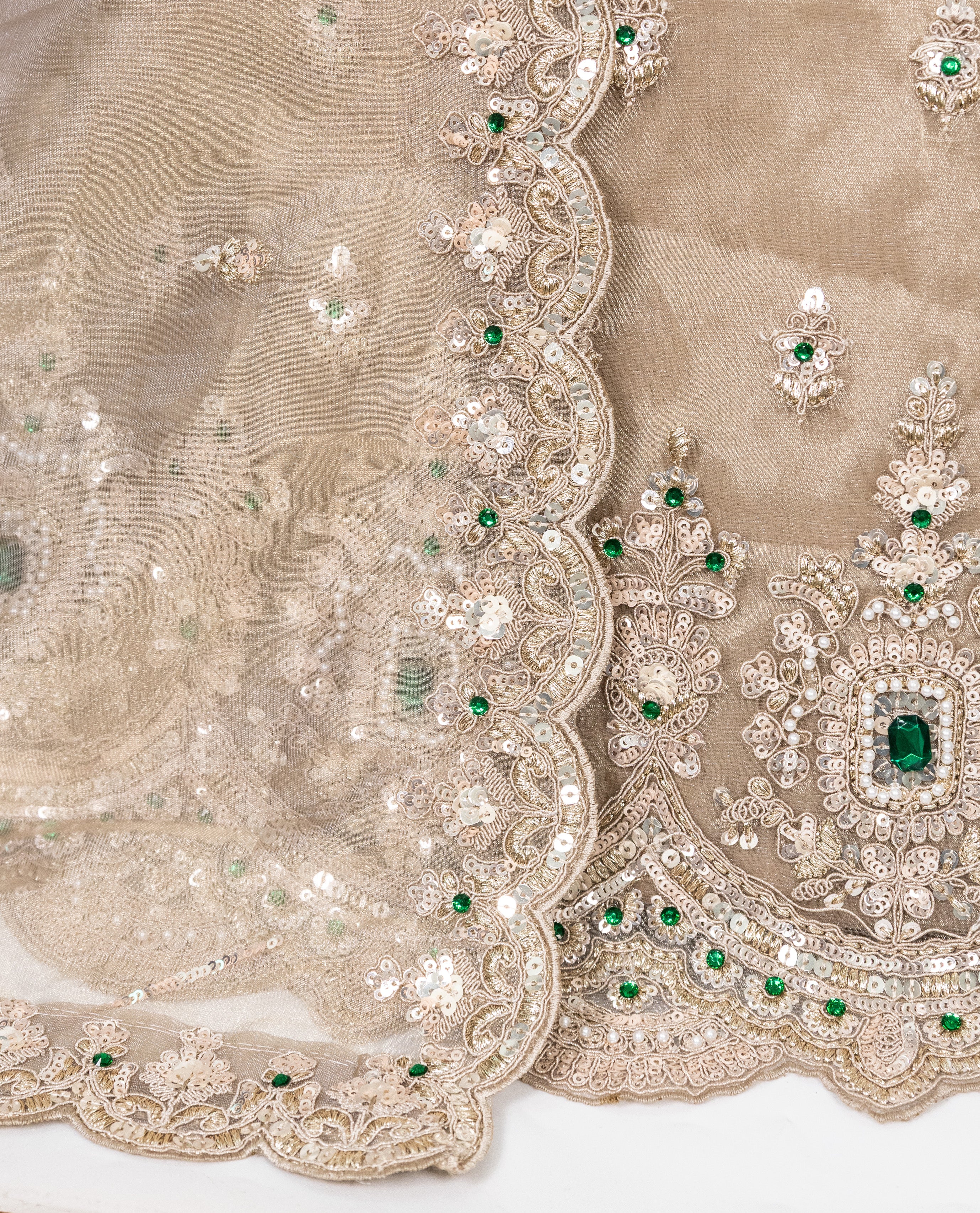Tan Color Bridal Jodi With Heavy Aari Border,Emerald Stone & With Border Dupatta