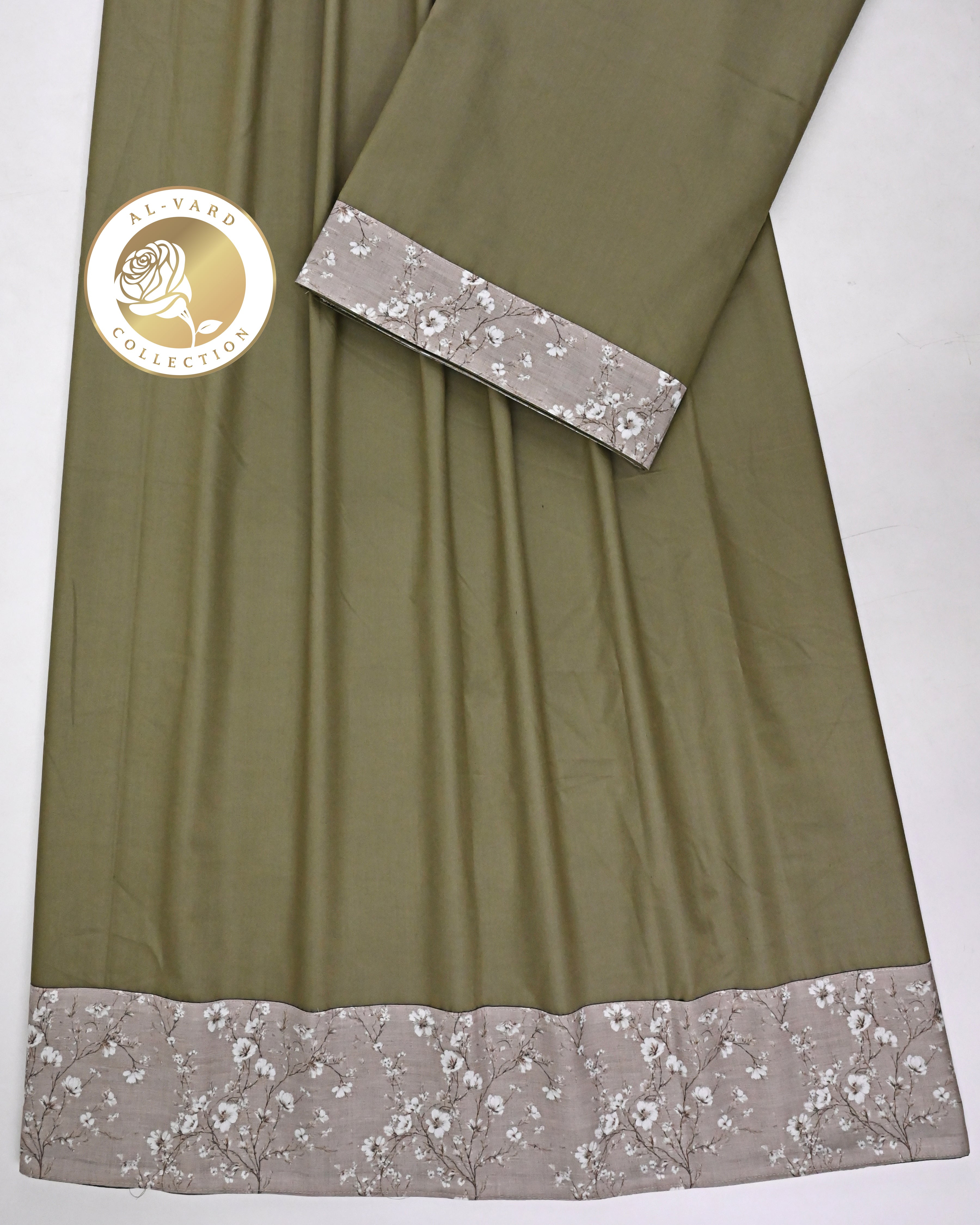Olive Green Ohbat Rida With Smart Floral Print Panel