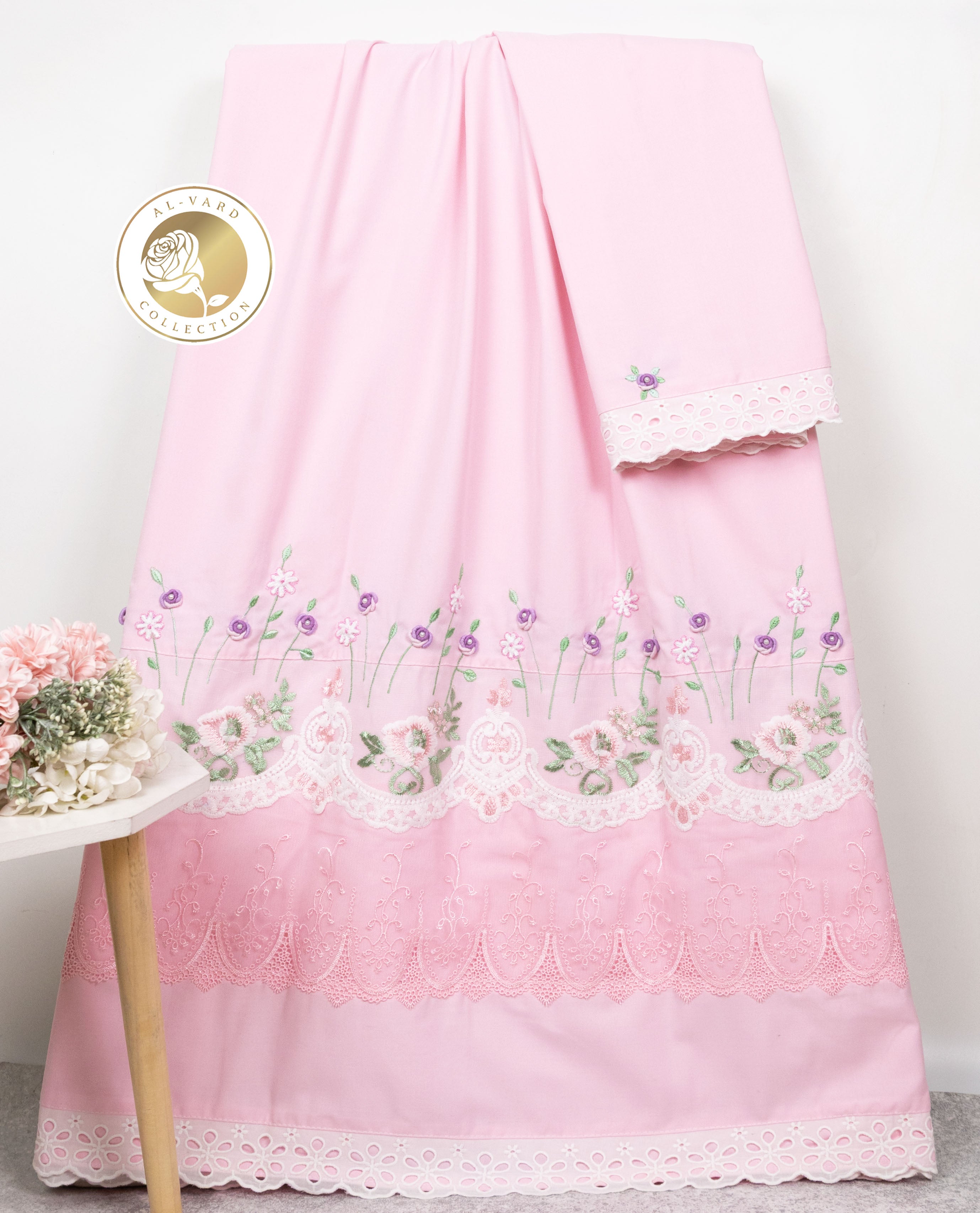 Baby Pink Rida With Smart Panel Smart Floral Lace & Floral Bullion Work
