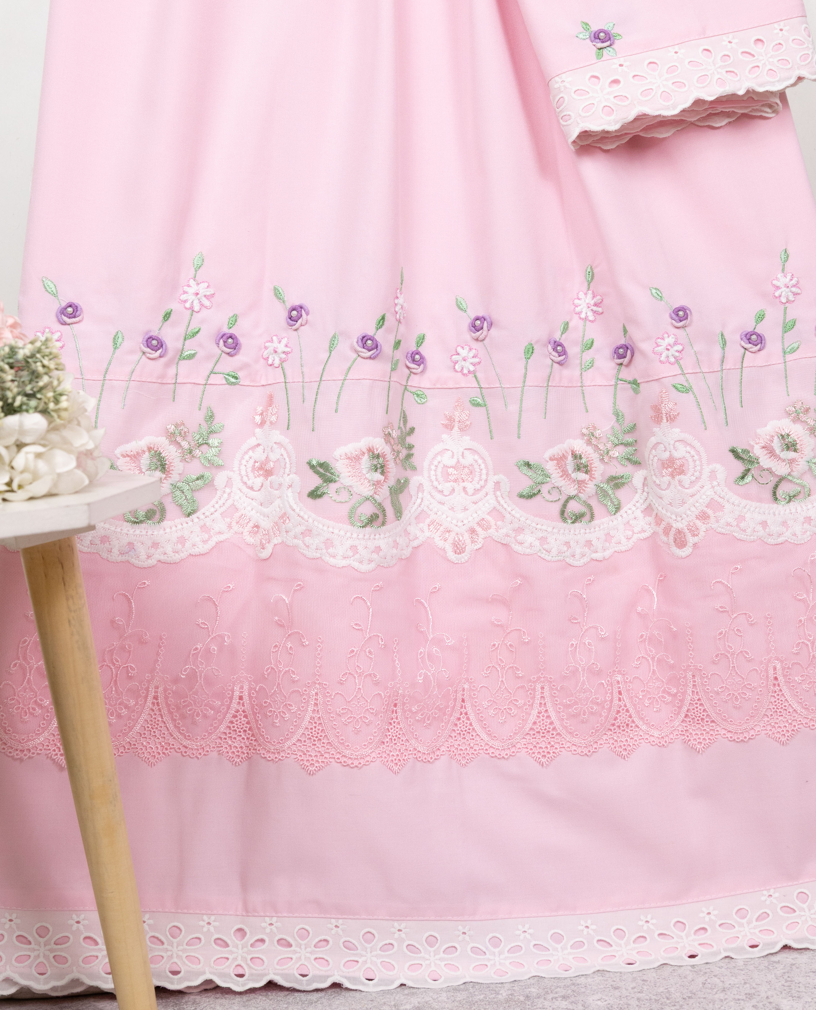 Baby Pink Rida With Smart Panel Smart Floral Lace & Floral Bullion Work