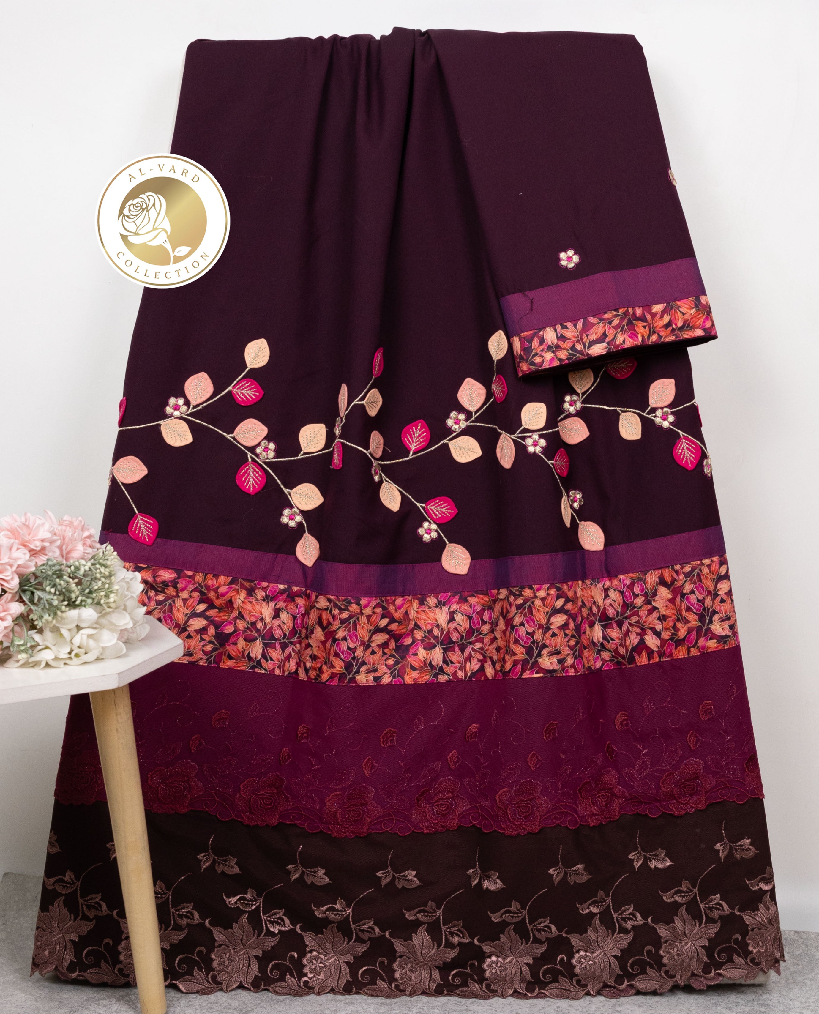 Bordeaux Color Rida With Smart Dark Lace Panel & Leafy Work All Over