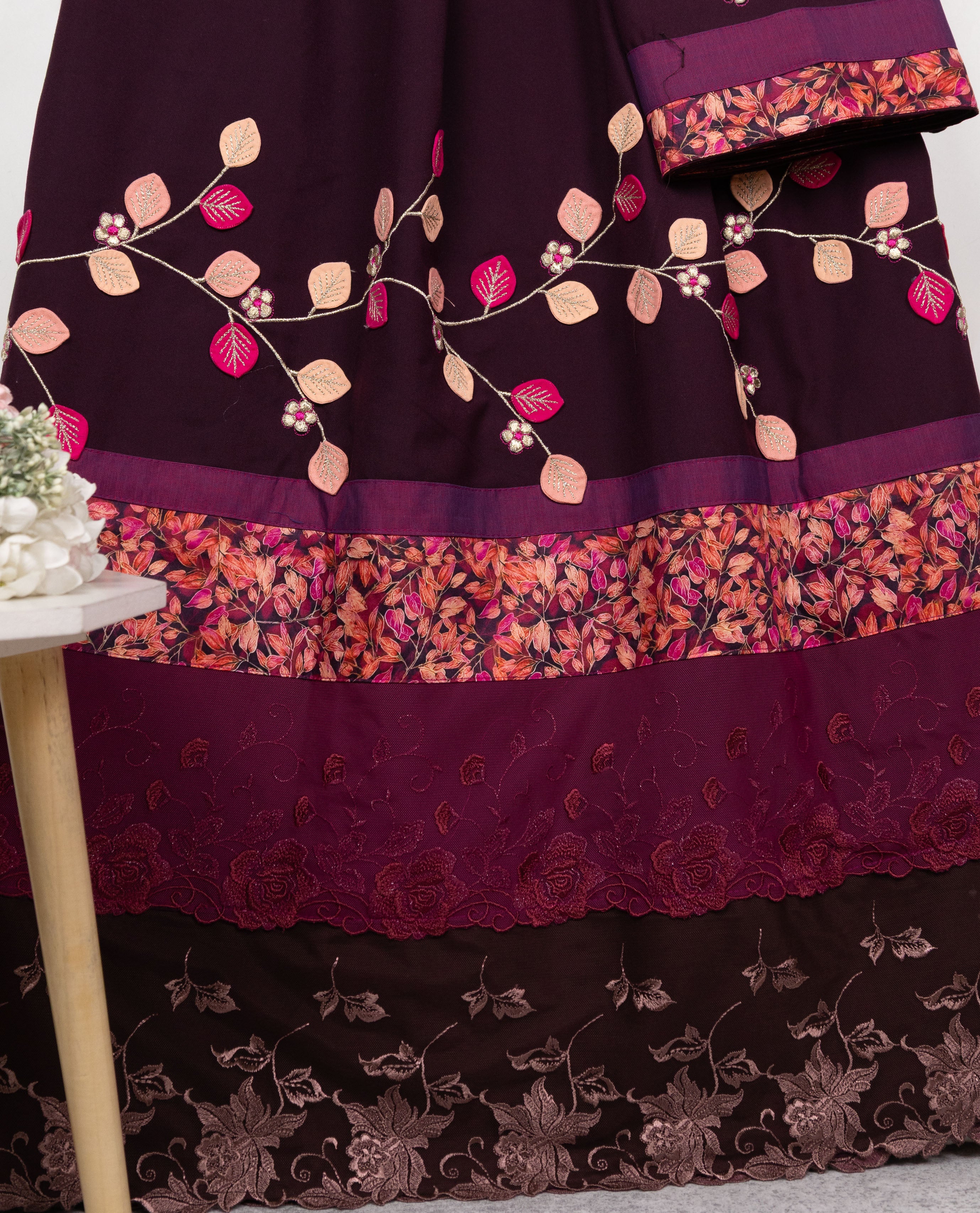 Bordeaux Color Rida With Smart Dark Lace Panel & Leafy Work All Over