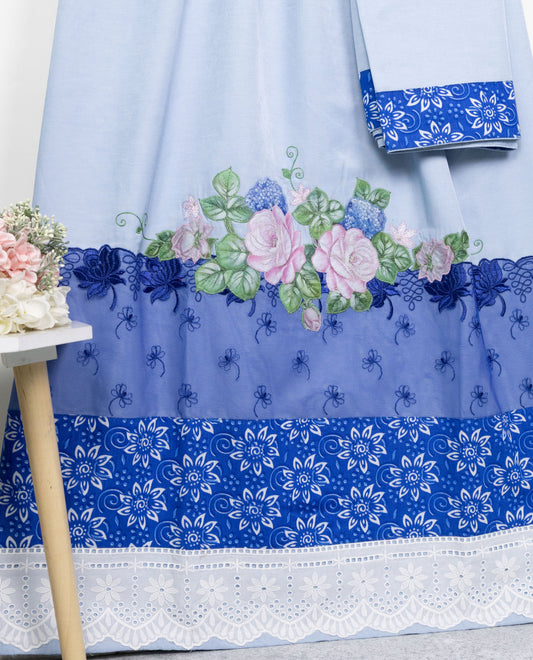 Sky Blue Rida With Floral Panel Floral Lace & Floral Applique Work