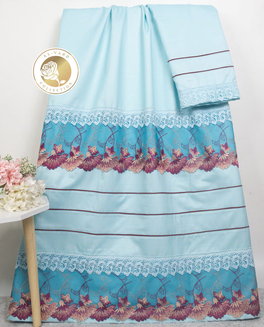 Sky Blue Rida With Pintex Pattern & Floral Lace
