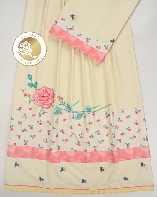 Creamy Yellow Rida With Smart Floral Print Panel & Floral Work