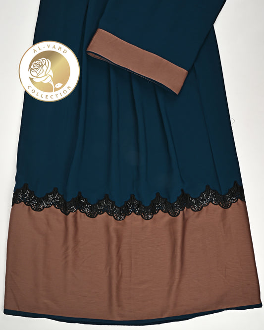 Dark Petrol Blue Abaya Rida With Smart Brown Abaya Panel & Black Lace-1300/-