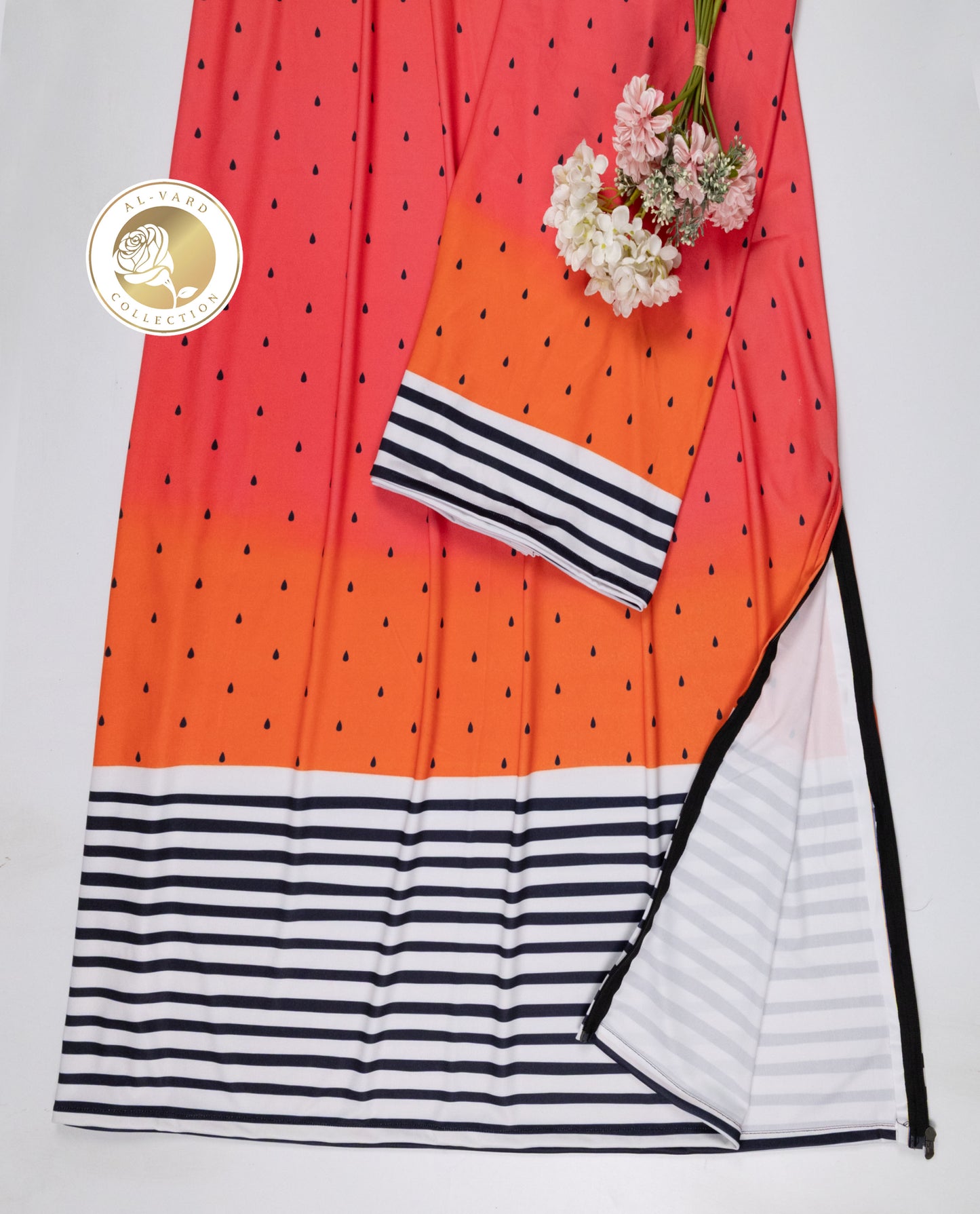 Watermelon Red Orange Shade Rida With Watermelon Seeds Printe & B&W Stripes