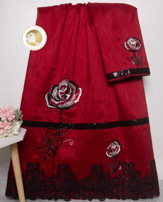 Dark Red With Rose Aari Work & Black Lace With Aari Touch Up