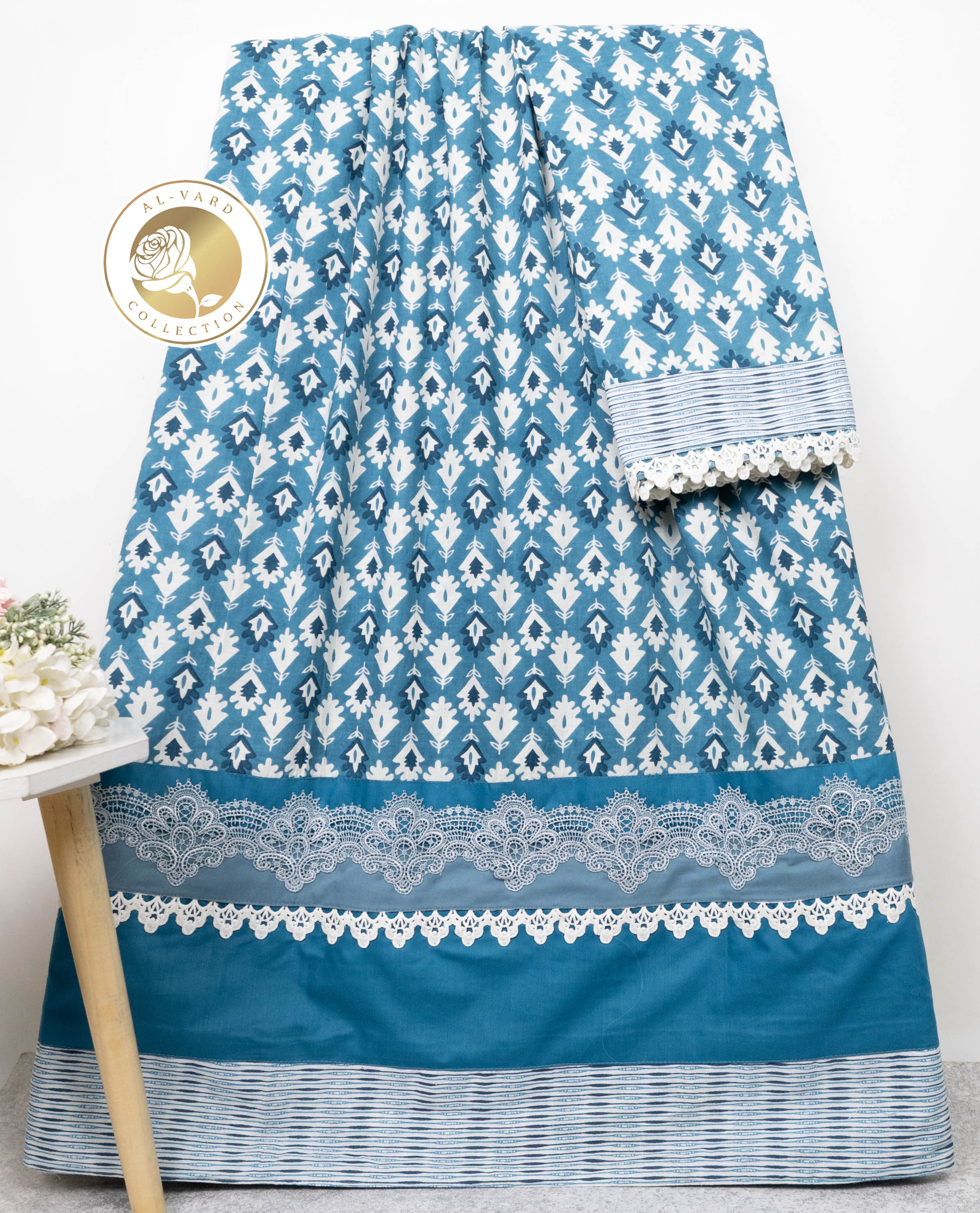 Teal Blue Batik Rida With Smart Plain Batik Panel & Smart Lace-1600/-