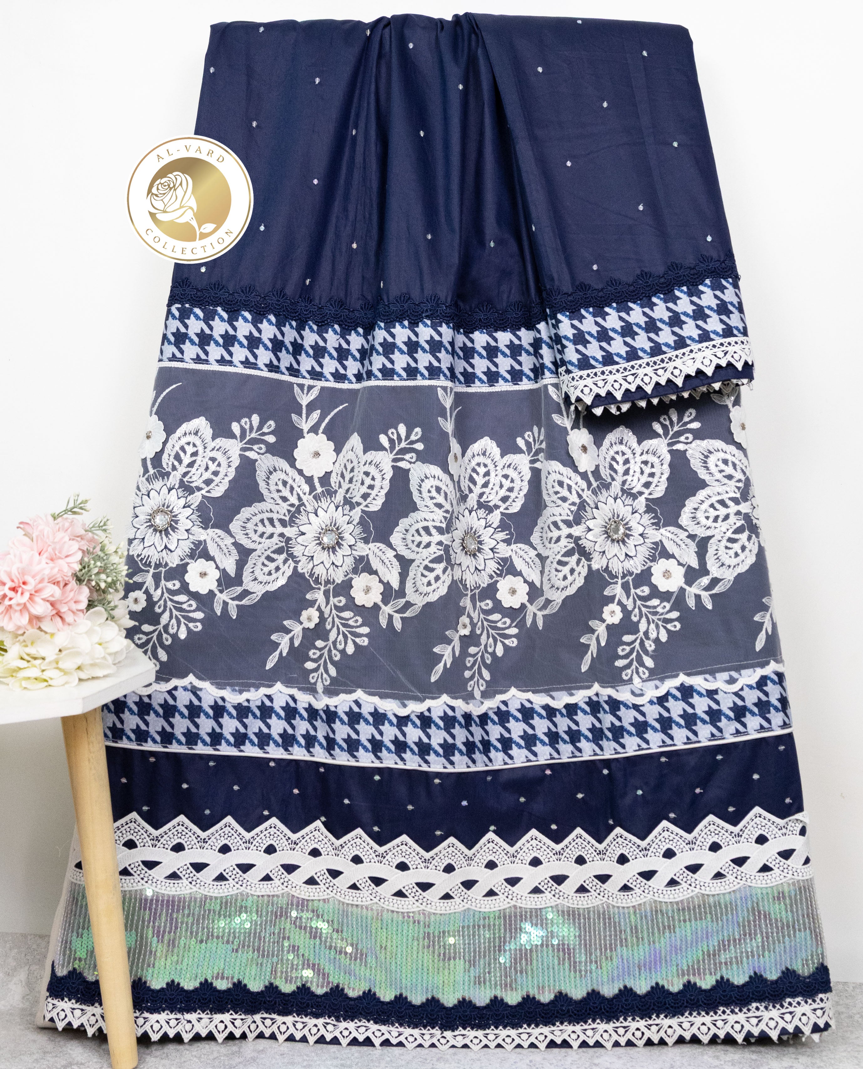 Navy Blue Rida With Smart Sequence Floral Lace & Smart Dark Panel All Over Tikri