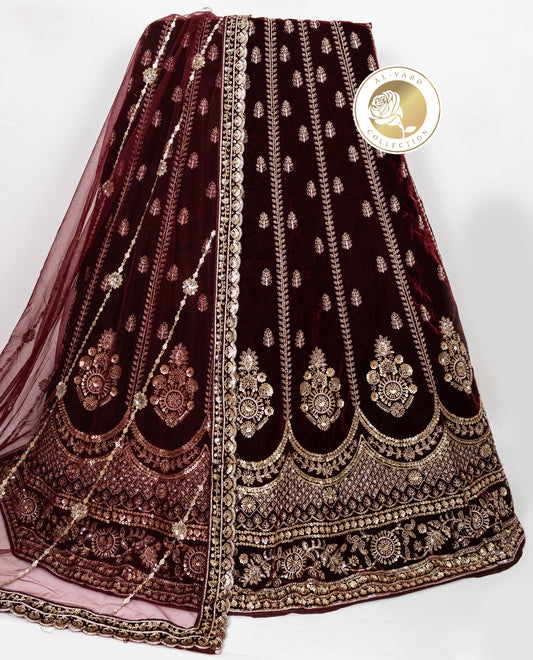 Dark Maroon Velvet Bridal Jodi With Golden Heavy Floral Aari Work With Dupatta & Shawl