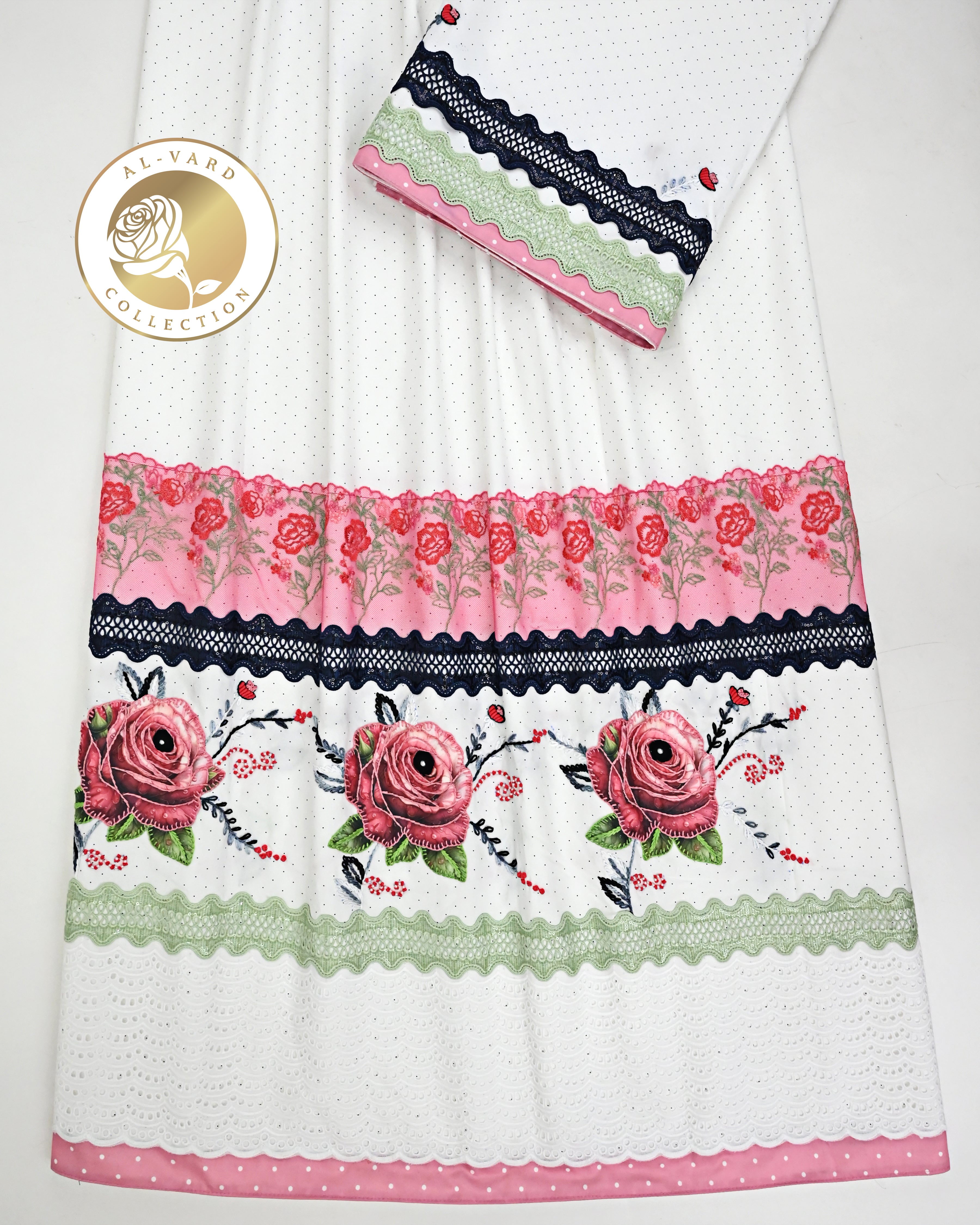 Pure White Black Dots Rida With Smart Hakoba Floral Lace & Floral Applique Work-3400/-