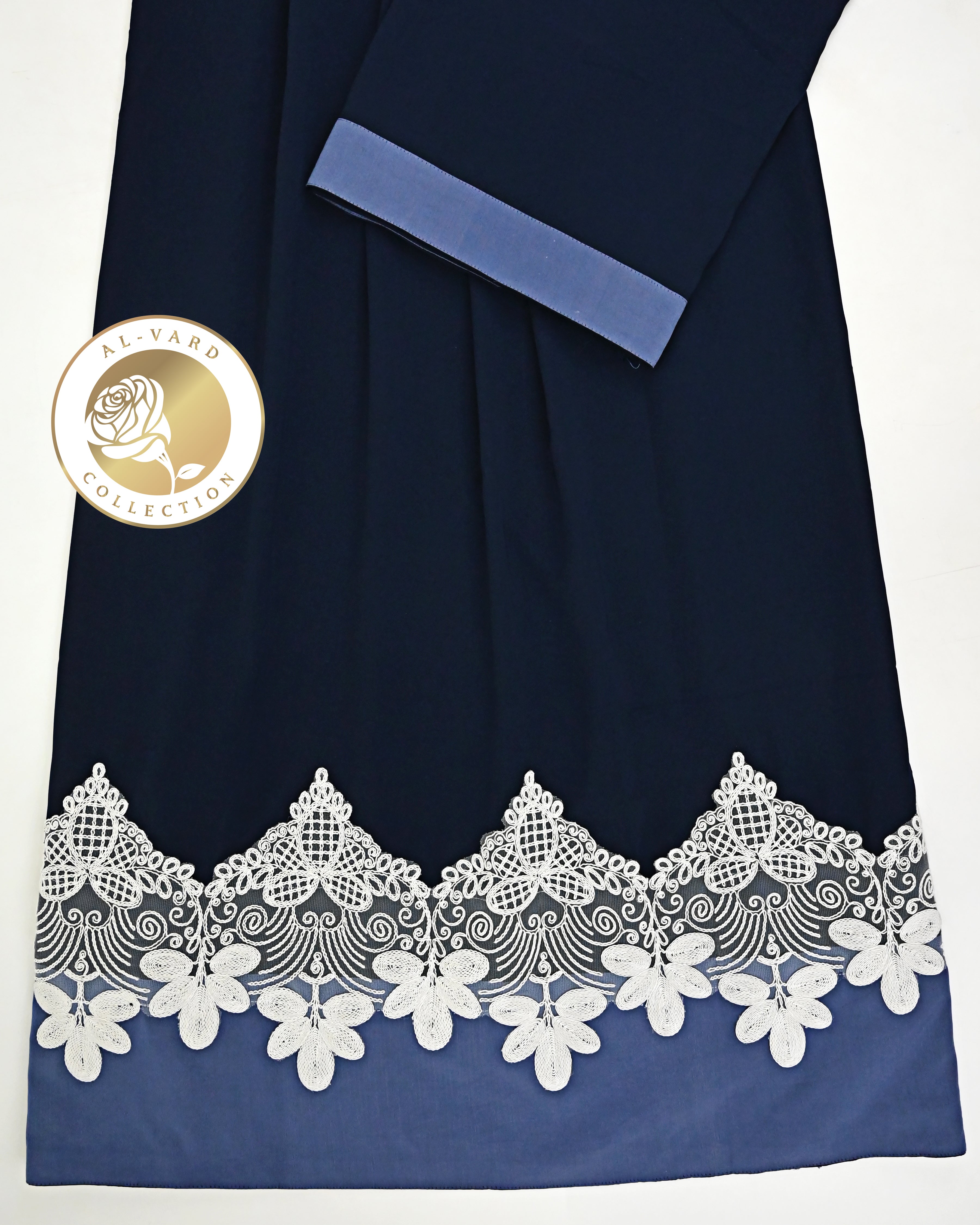 Navy Blue Abaya Rida With Smart Floral Lacing & Blue Shade Plain Panel