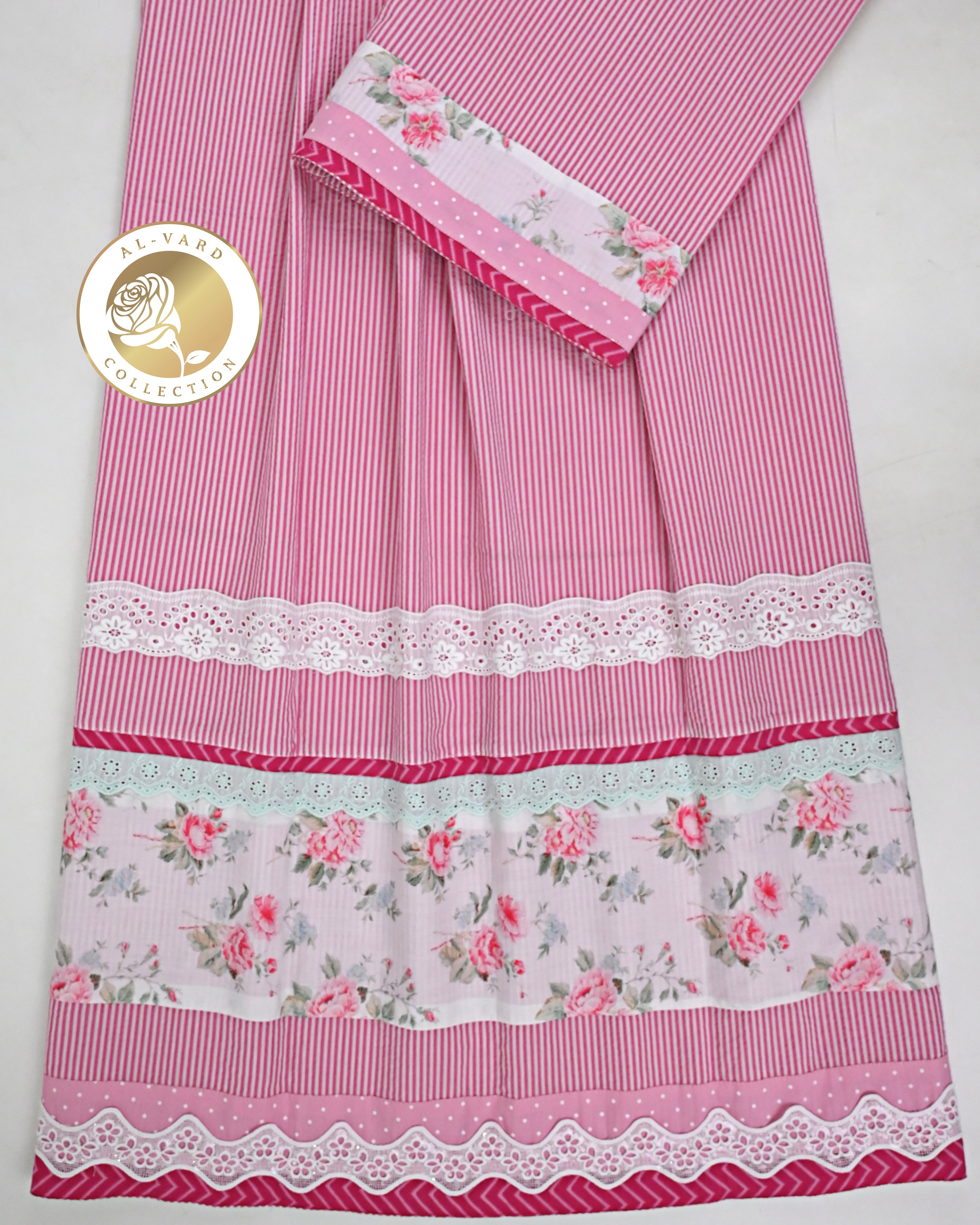 Candy Pink White Stripes Popcorn Rida With Floral Rose Panel & Smart Lace