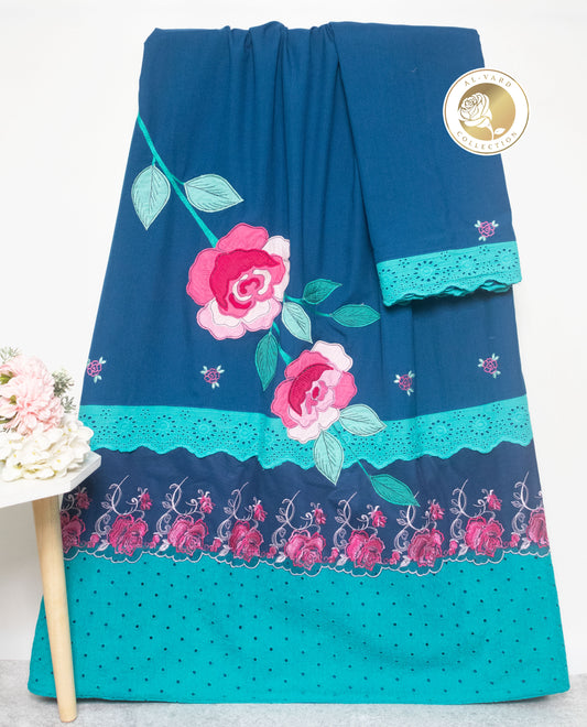 Carribean Blue Rida With Smart Hakoba Panel  Lace & Floral Work