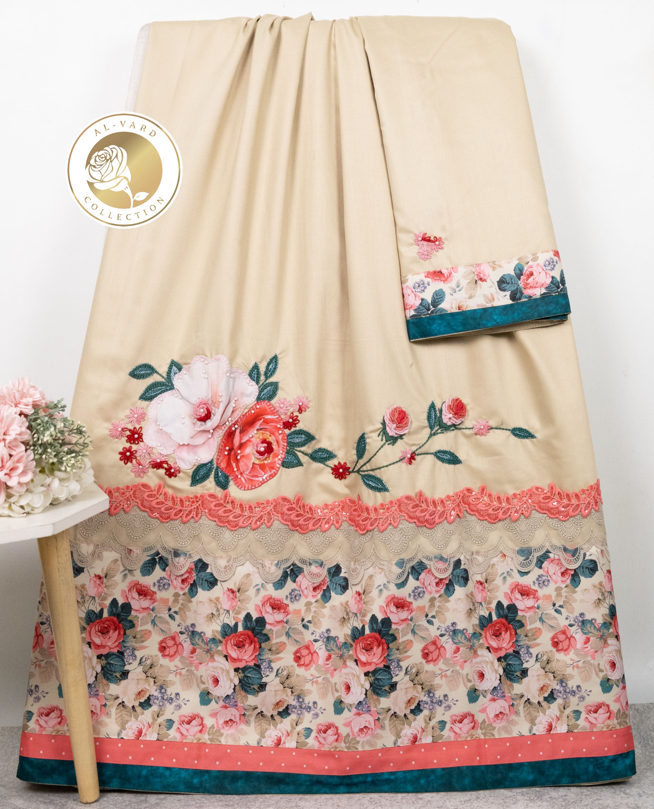 Champagne Color Rida With Smart Floral Panel Floral Lace & Floral Applique Bunch