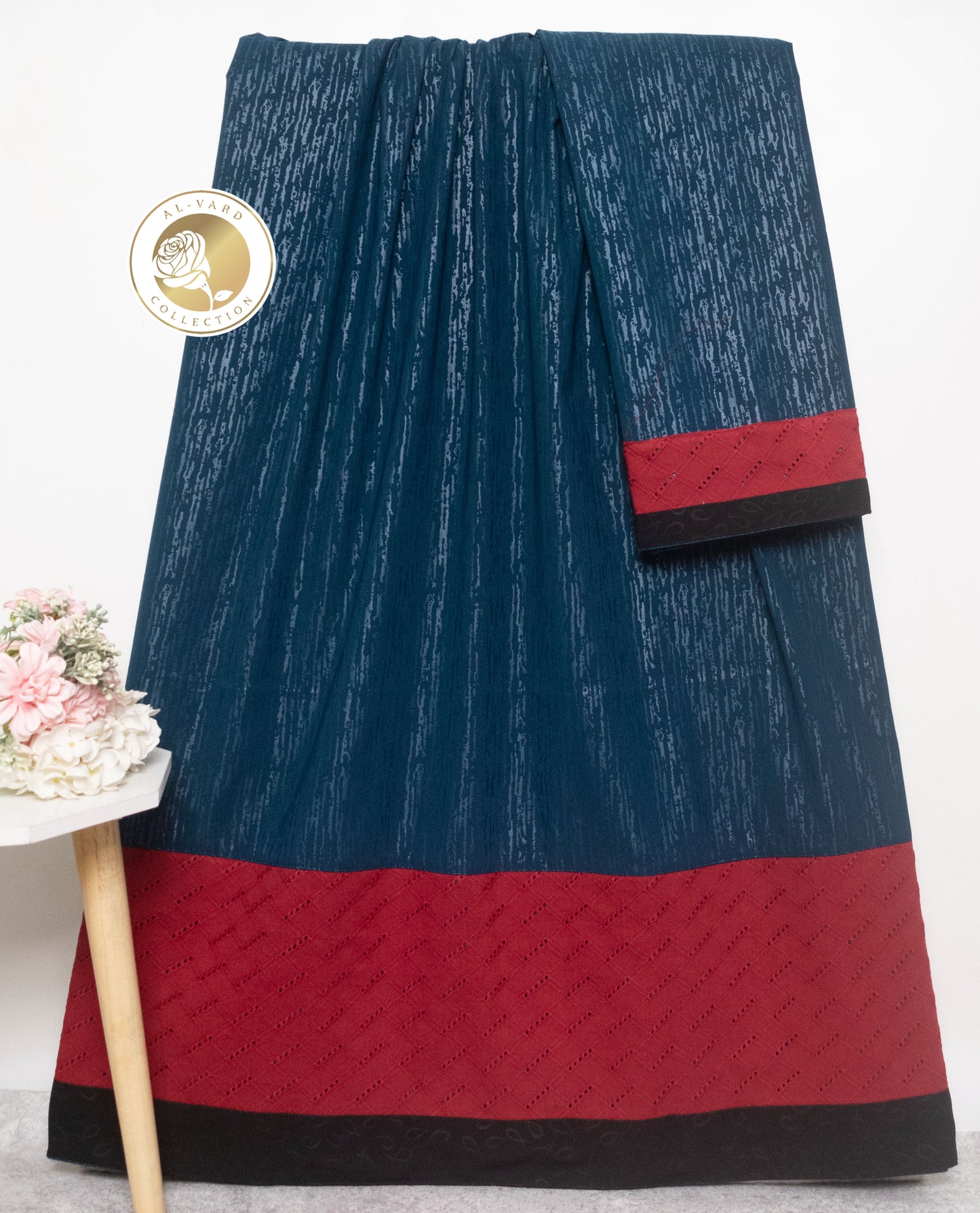Dark Blue Self Print Abaya Rida With Dark Red Panel