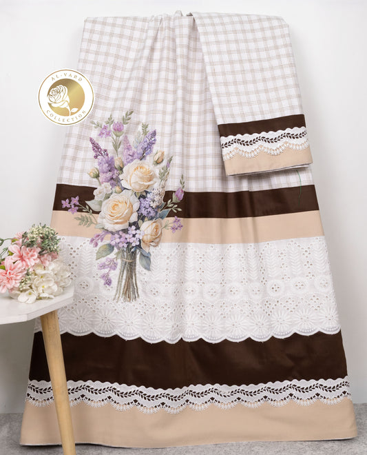 Cream Checks Rida With Dark Light Brown Panel White Smart Lace & Floral Applique