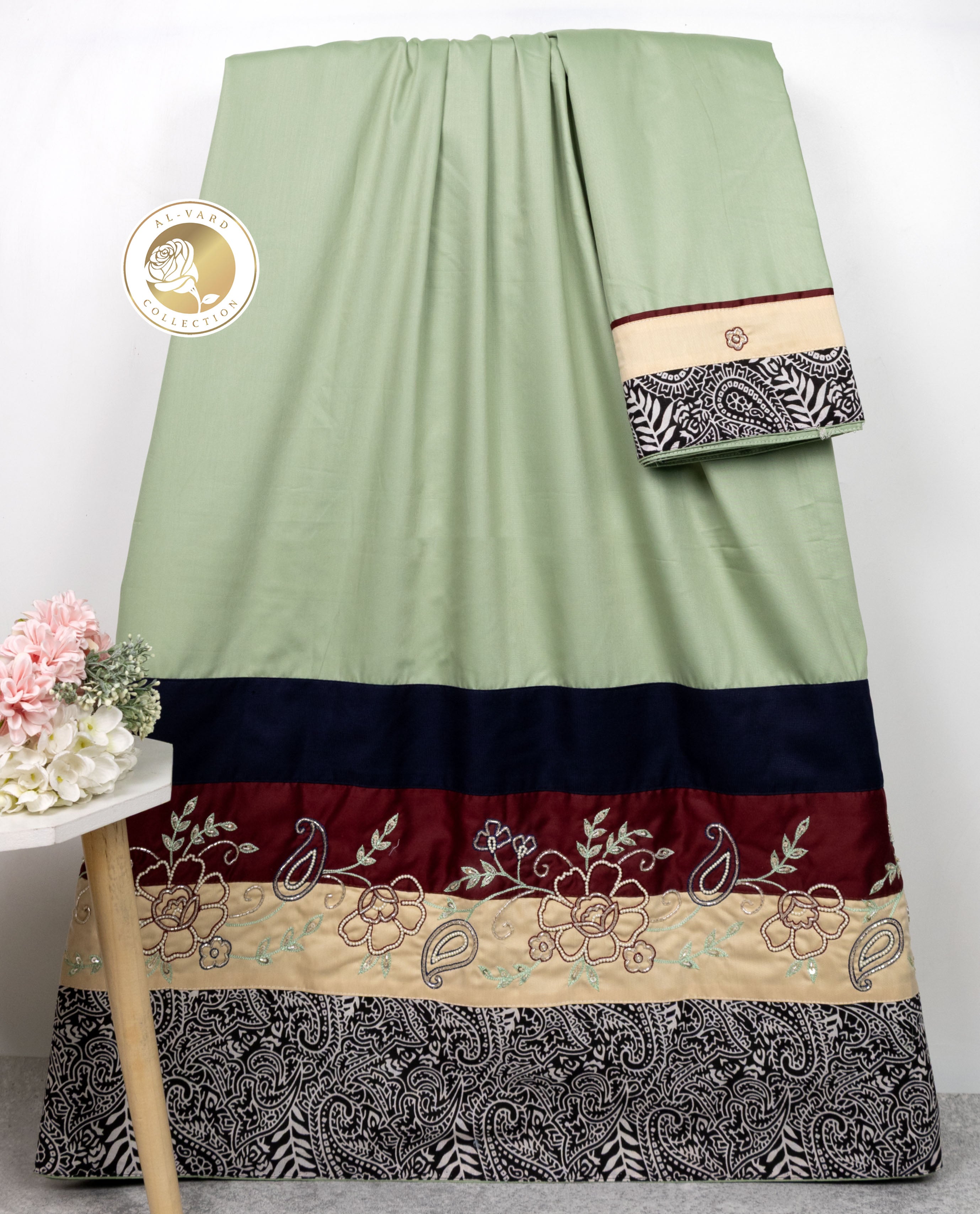 Sage Green Rida WIth Smart Dark Panel Marvi Design Panel & Aari Work Floral Border