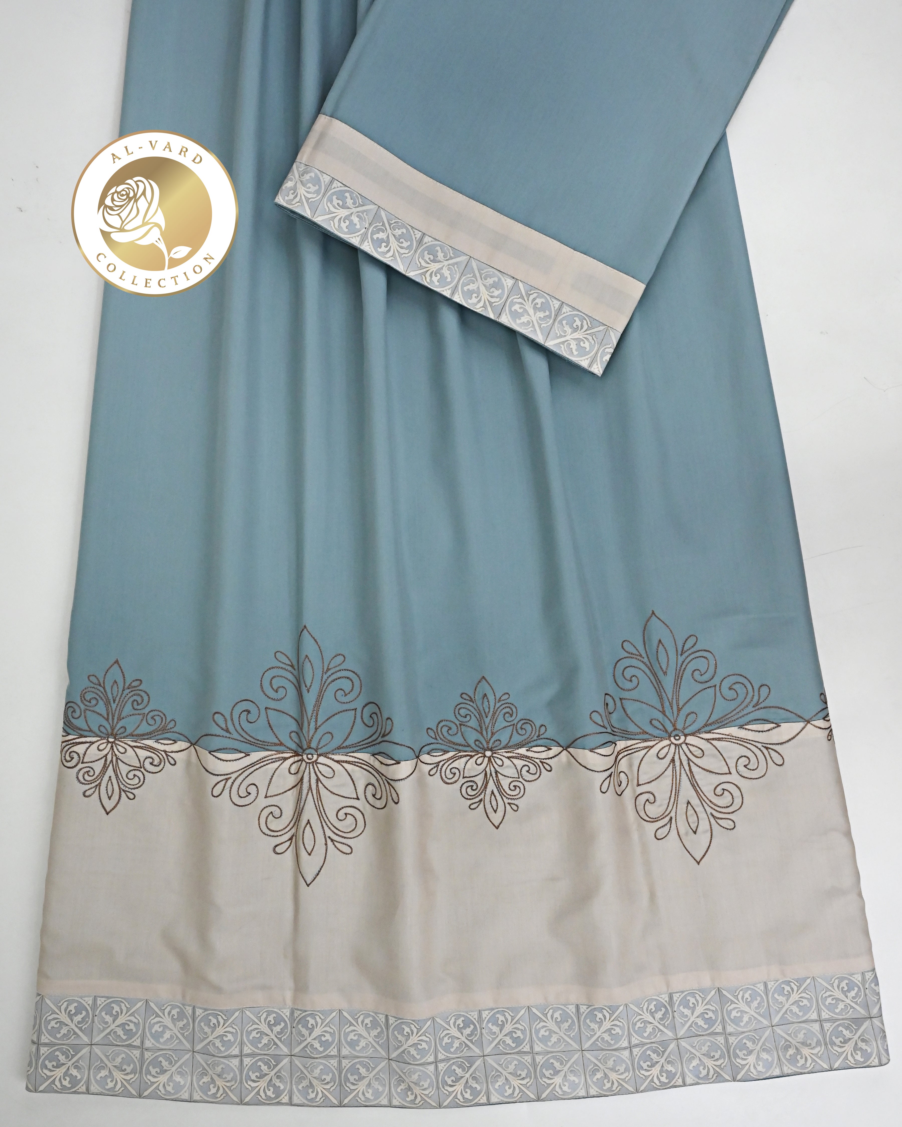 Dusty Blue Rida With Smart Plain Beige Panel & Smart Dark Floral Embroidery-2150/-