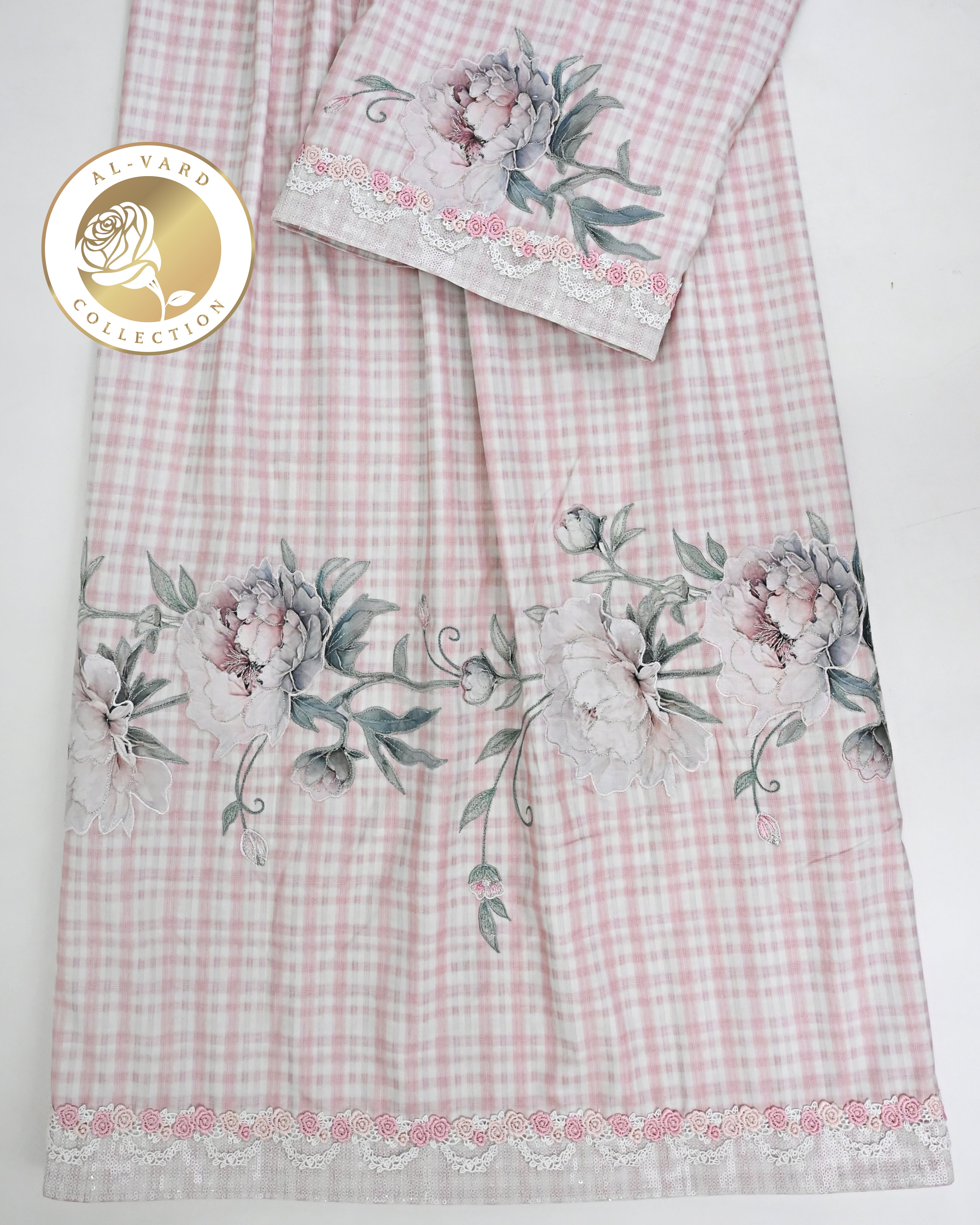 Blush White Blush Pink Checks Rida With Smart Floral Applique All Over & Smart Lace-3800/-