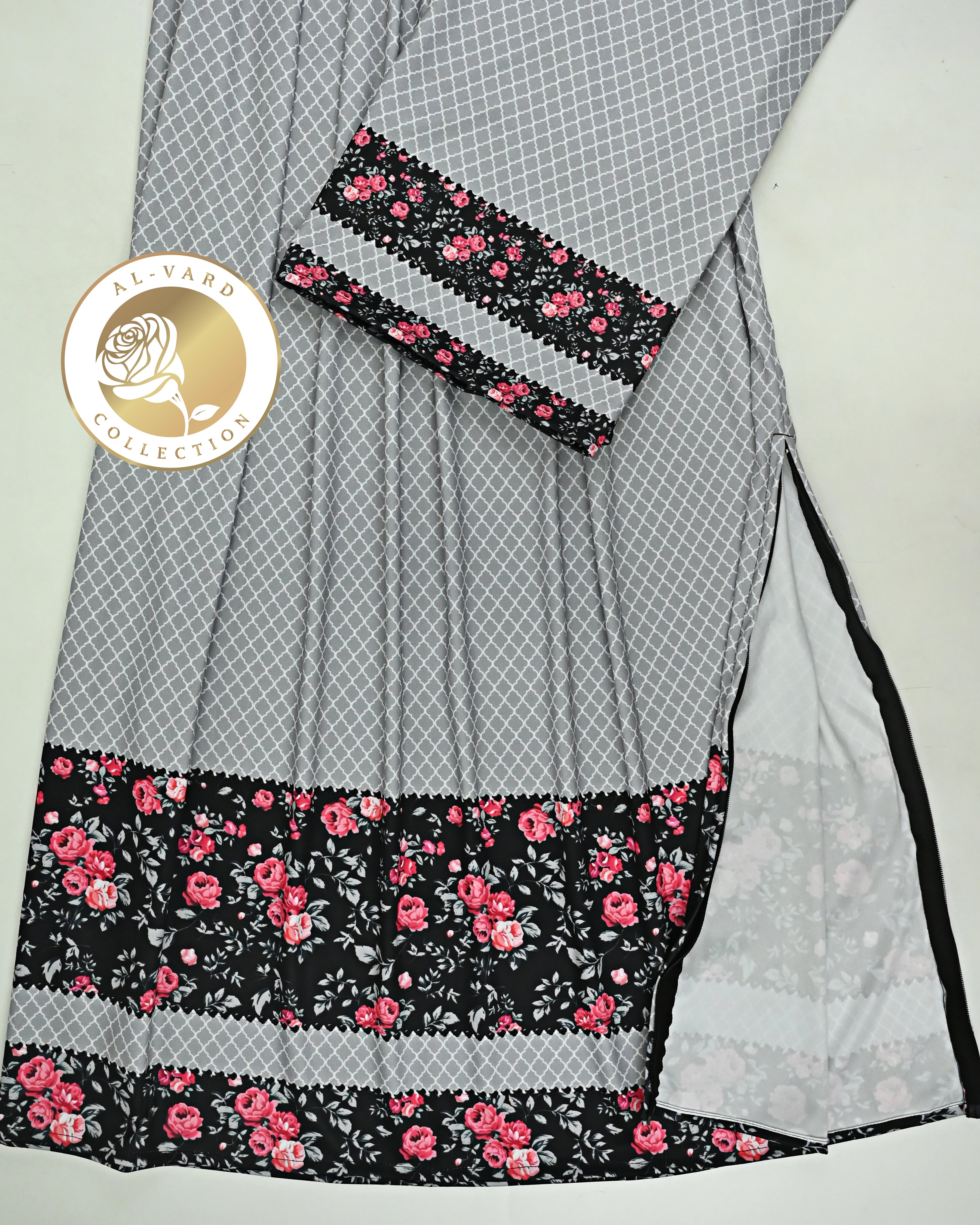 Light Grey Honey Comb Print Swim Wear Rida With Smart Floral Panel