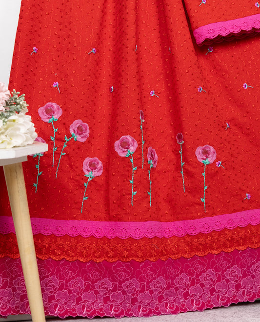 Deep Red Rida With Smart Floral Lacing & Smart Floral Work