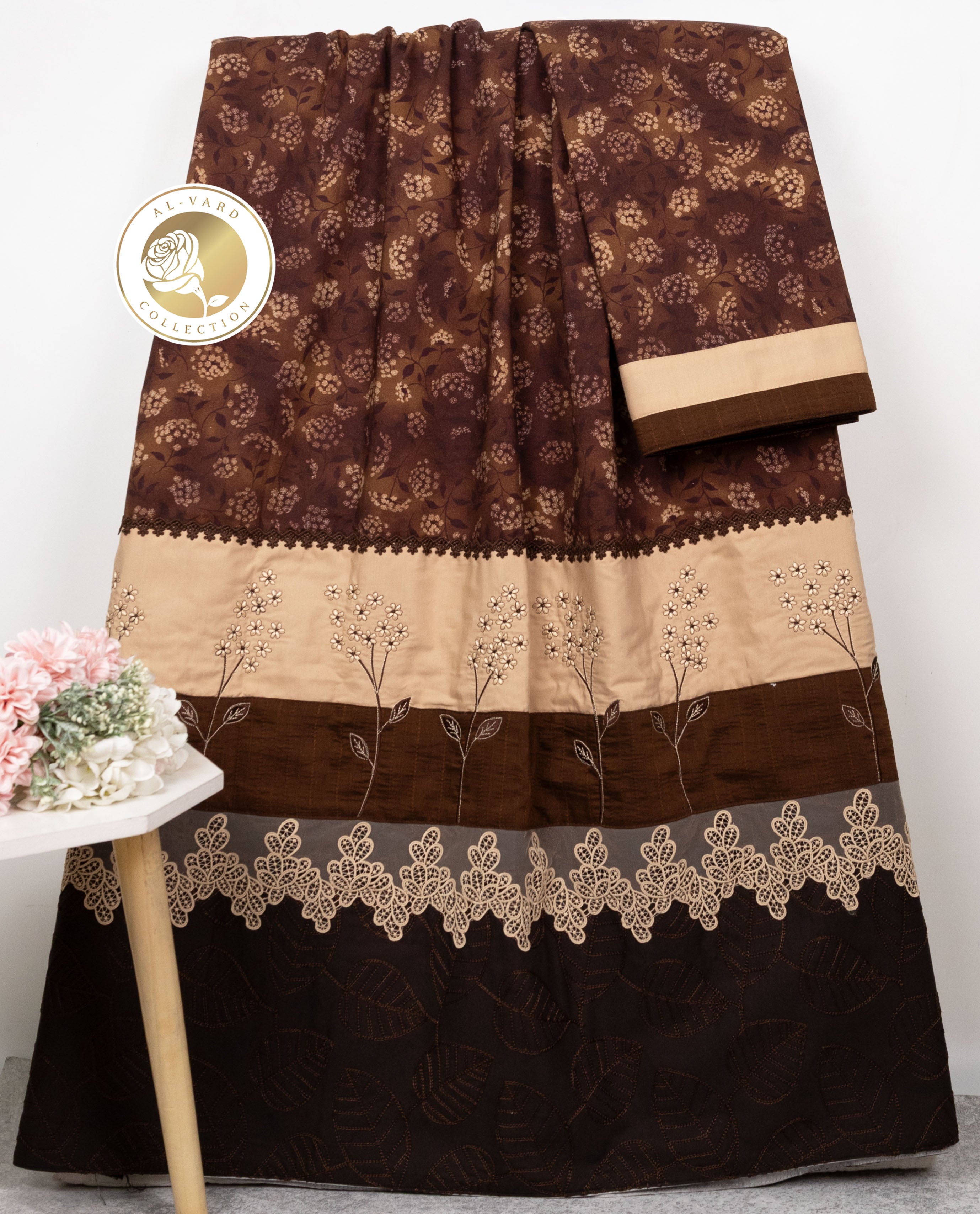 Coffee Brown Rida With Smart Dark Lace Panel & Floral Embroidery Work