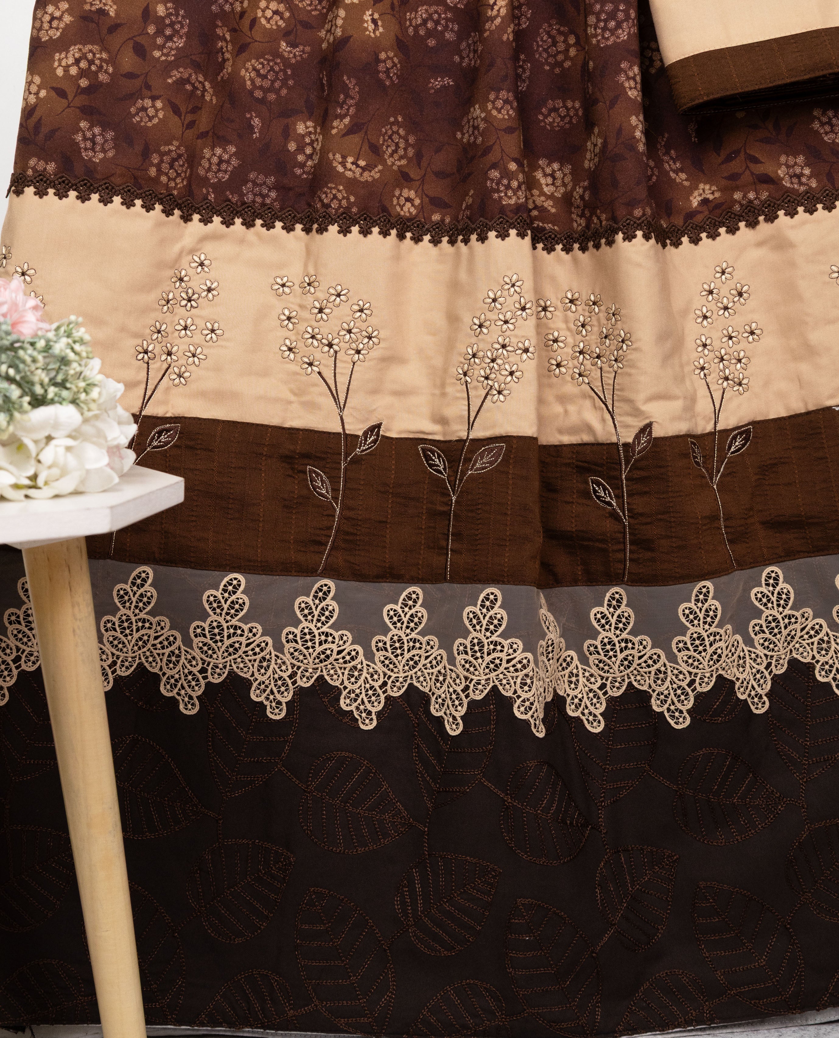 Coffee Brown Rida With Smart Dark Lace Panel & Floral Embroidery Work