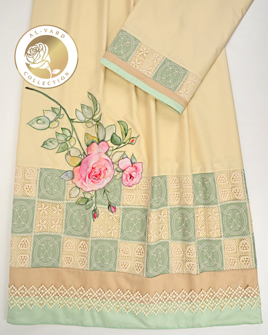 Mango Yellow Rida With Fancy Panel Smart Lace & Rose Painting Work