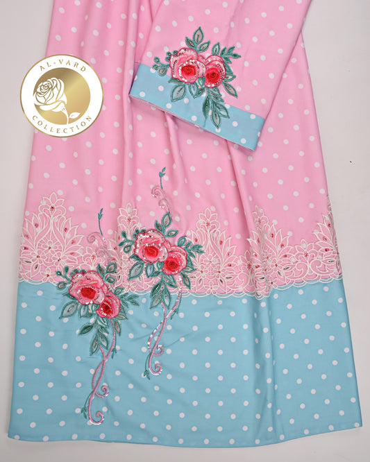 Light Pink & Blue Rida With Smart Lace & Floral Work With Aari TouchUp