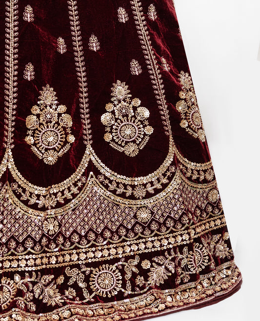 Dark Maroon Velvet Bridal Jodi With Golden Heavy Floral Aari Work With Dupatta & Shawl