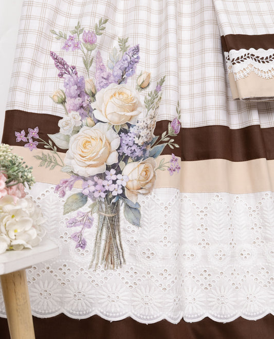 Cream Checks Rida With Dark Light Brown Panel White Smart Lace & Floral Applique