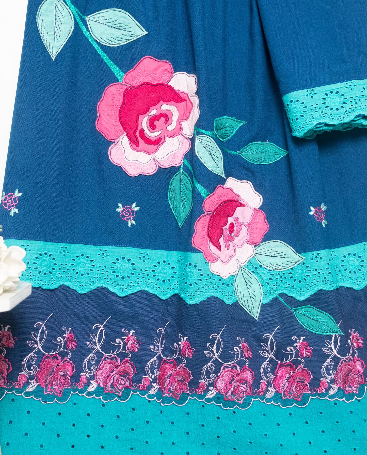 Carribean Blue Rida With Smart Hakoba Panel  Lace & Floral Work