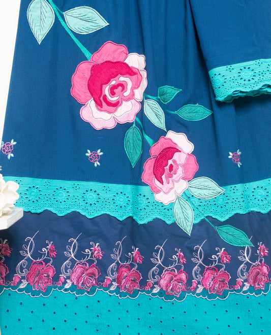Carribean Blue Rida With Smart Hakoba Panel  Lace & Floral Work